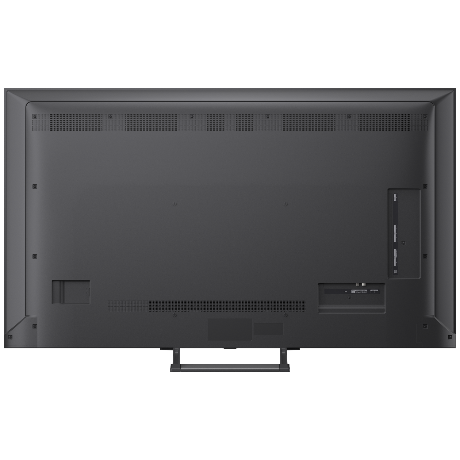 Achterkant van een grote tv met poorten en ventilatieroosters.