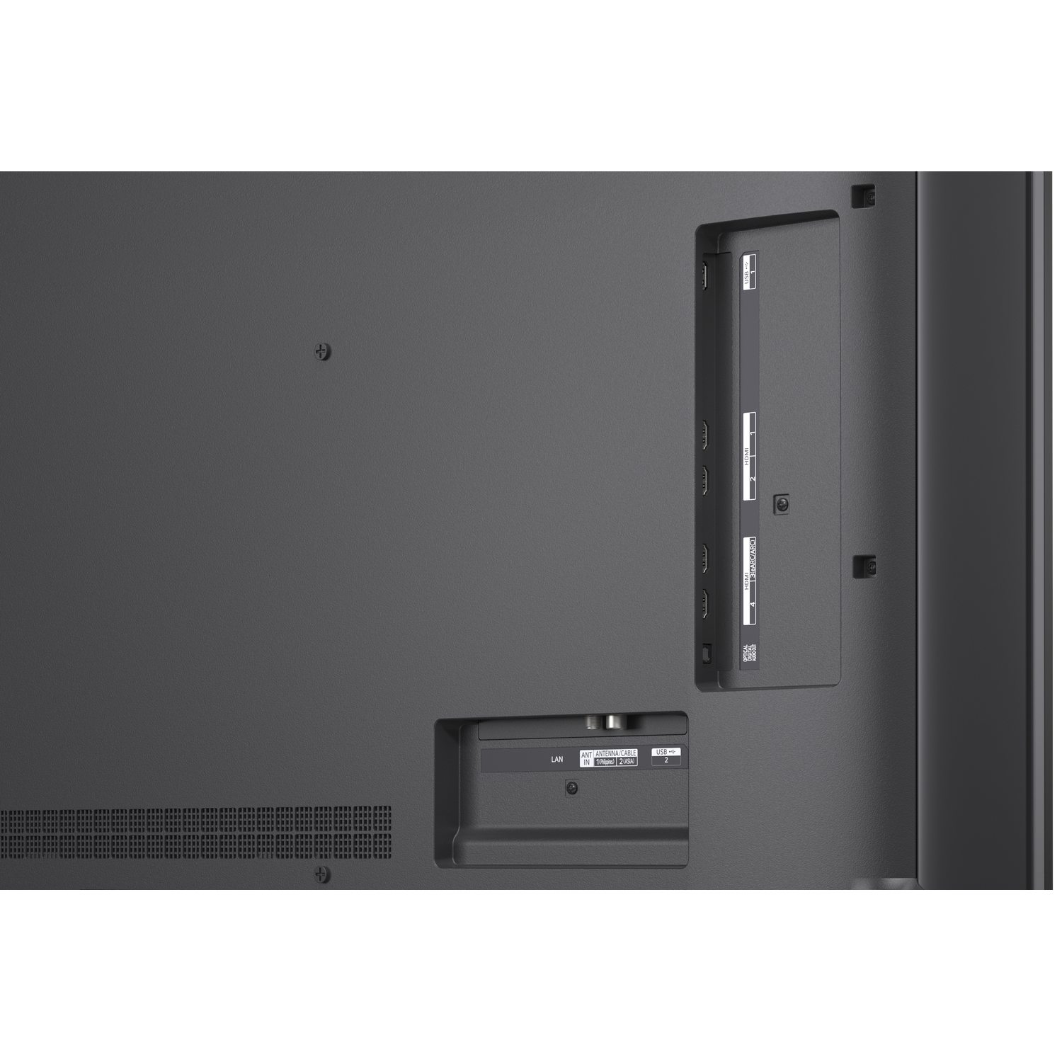 Achterkant van een tv met poorten: LAN, antenne, USB en HDMI.