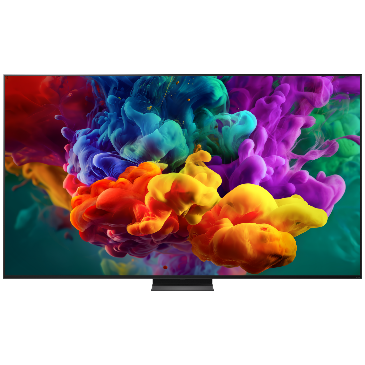 A modern television displays colorful smoke clouds in red, orange, blue, and purple.