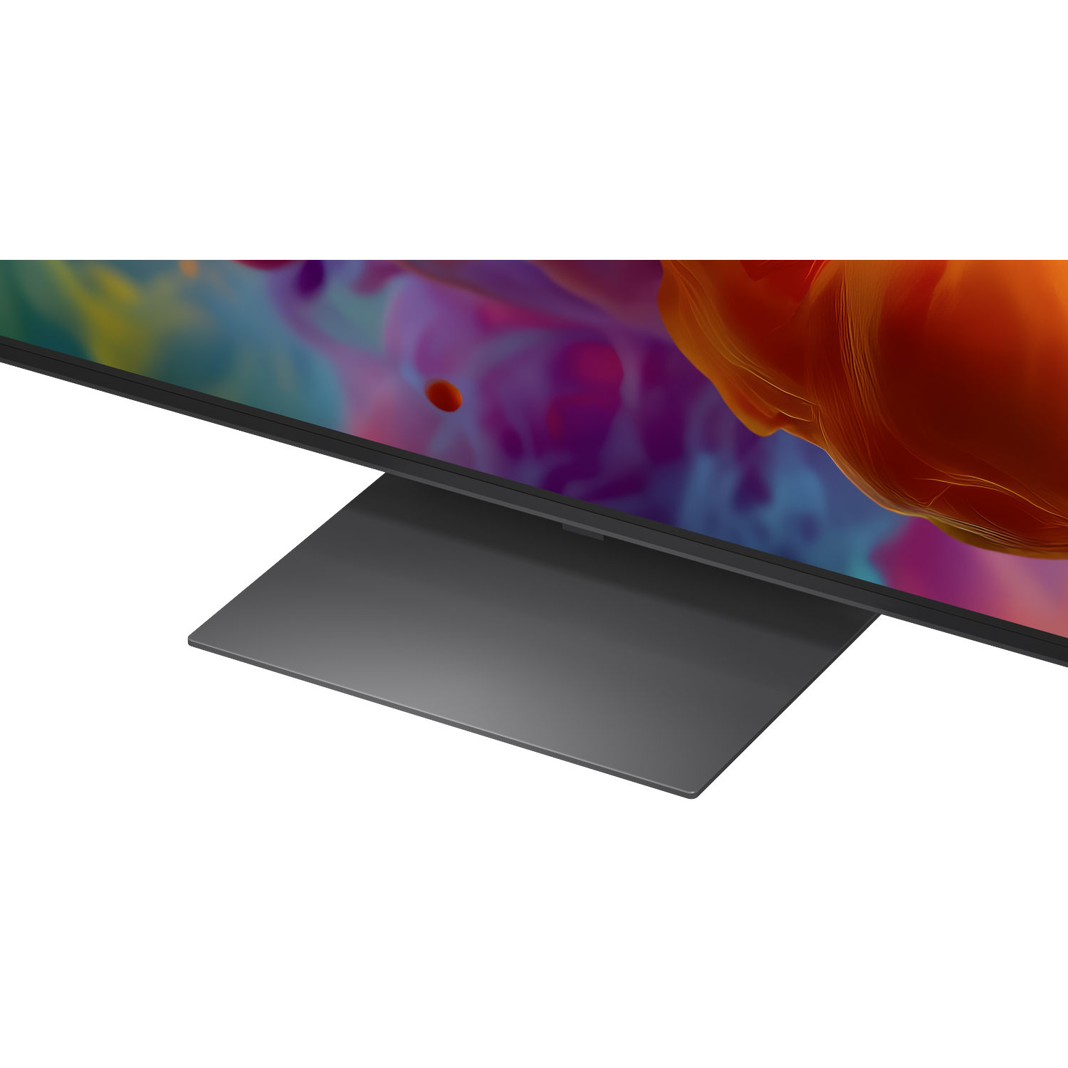 A modern TV screen with abstract colorful graphics and a sleek gray stand.