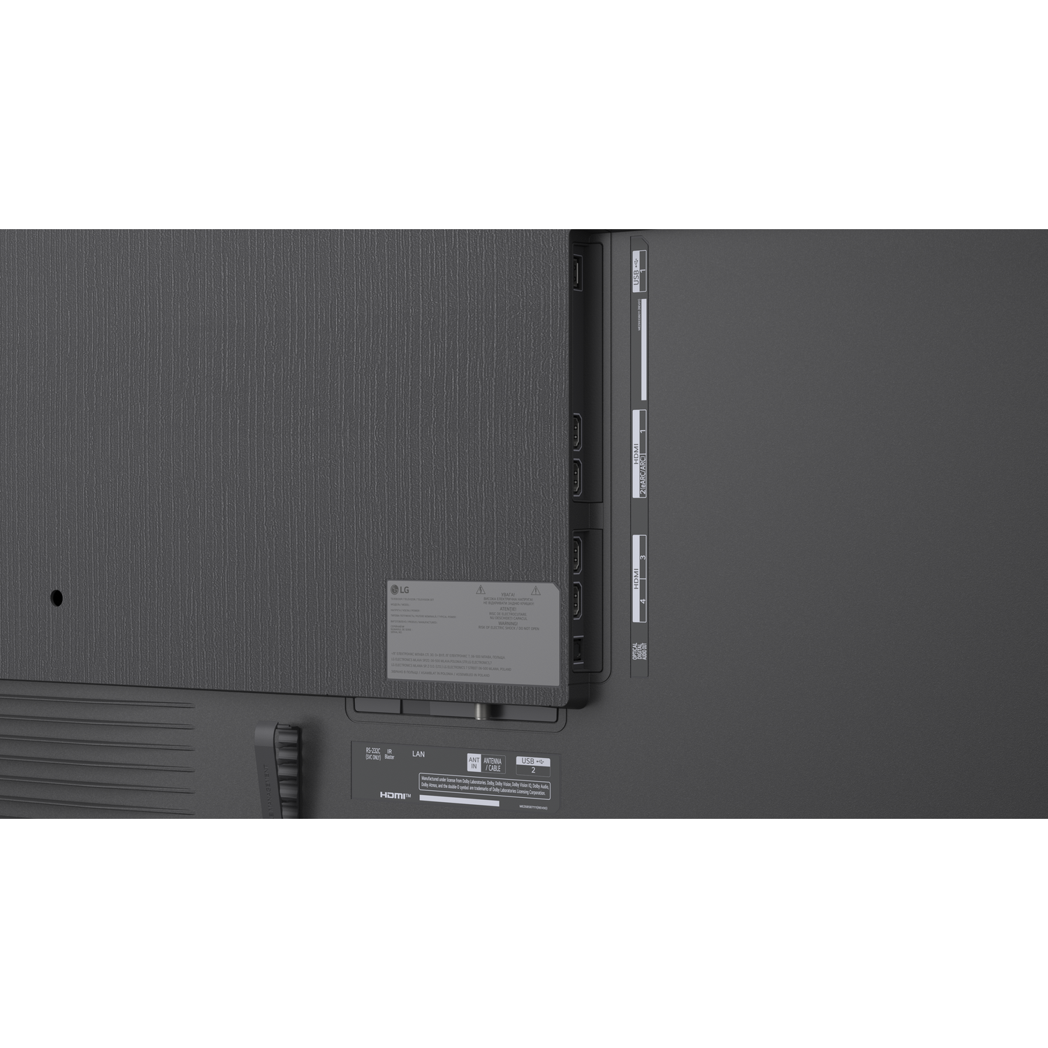Back of a TV showing ports: HDMI, USB, LAN, Antenna, RS-232C, IR.