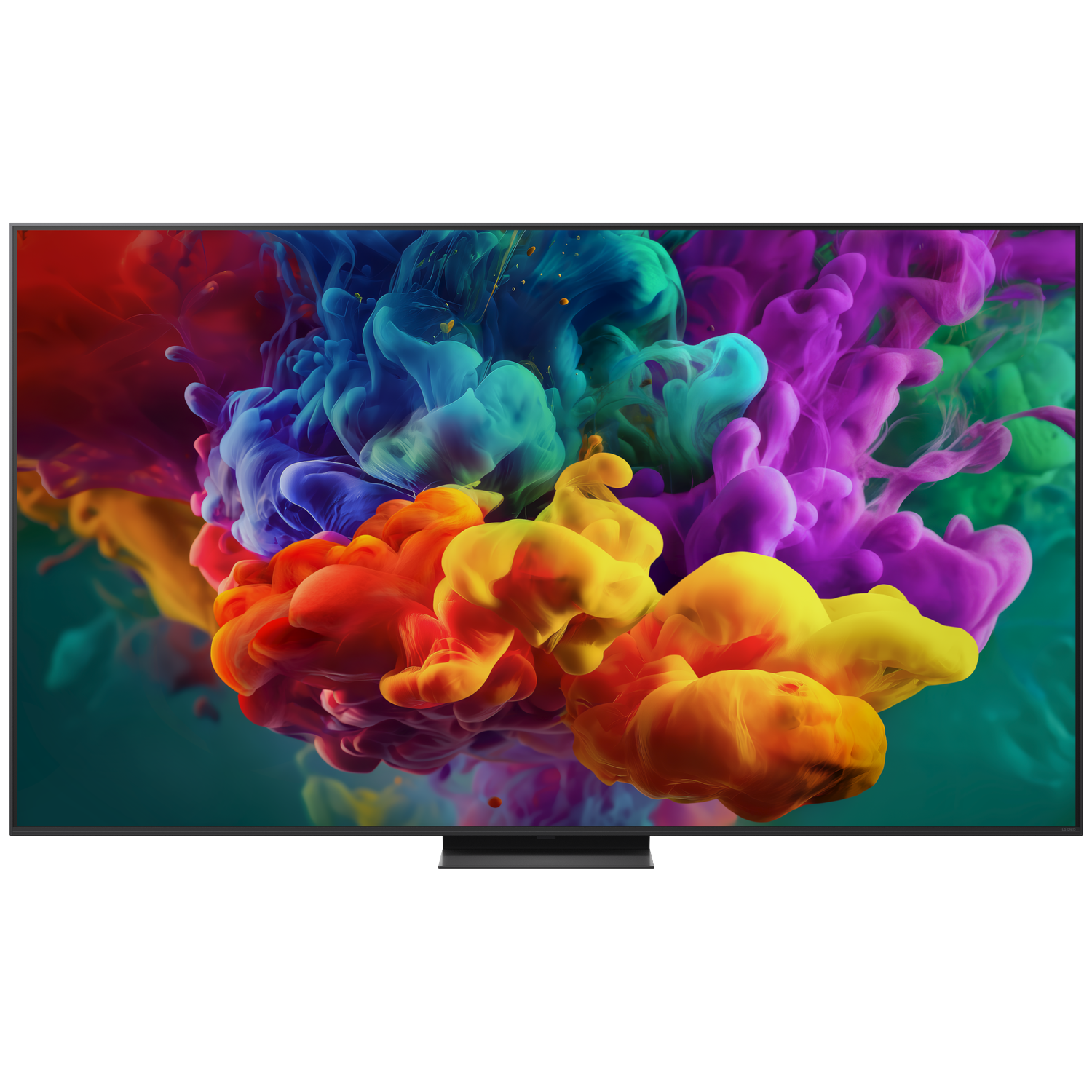 Een moderne tv toont levendige, kleurrijke inktwolken in rood, oranje, blauw en paars.
