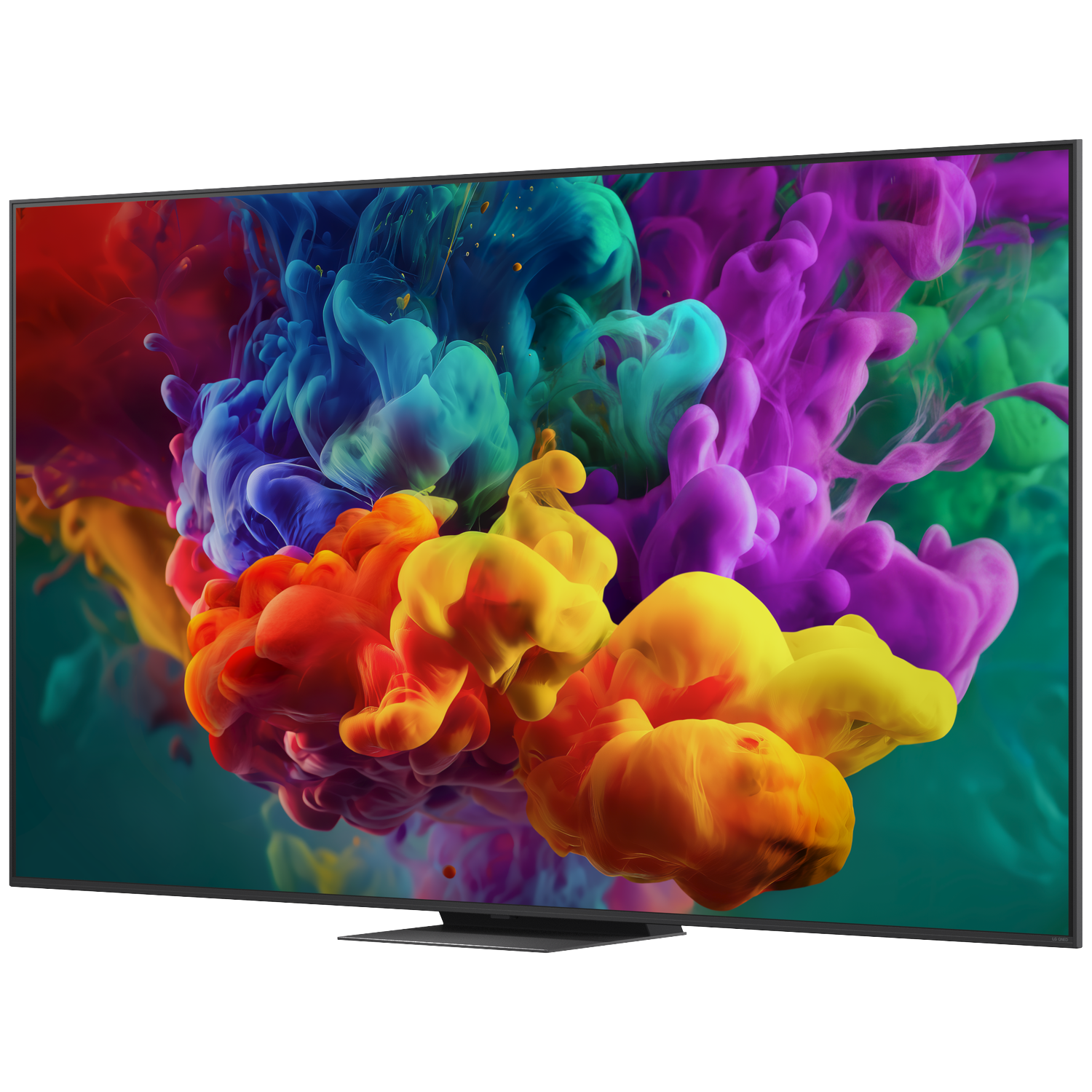 Een moderne televisie toont een abstracte explosie van gekleurde inkt.