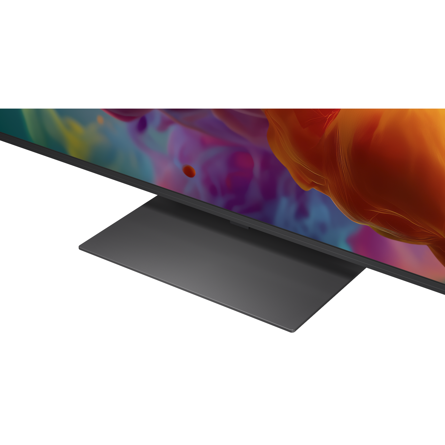 Een moderne tv met een slanke grijze standaard en kleurrijke scherminhoud.
