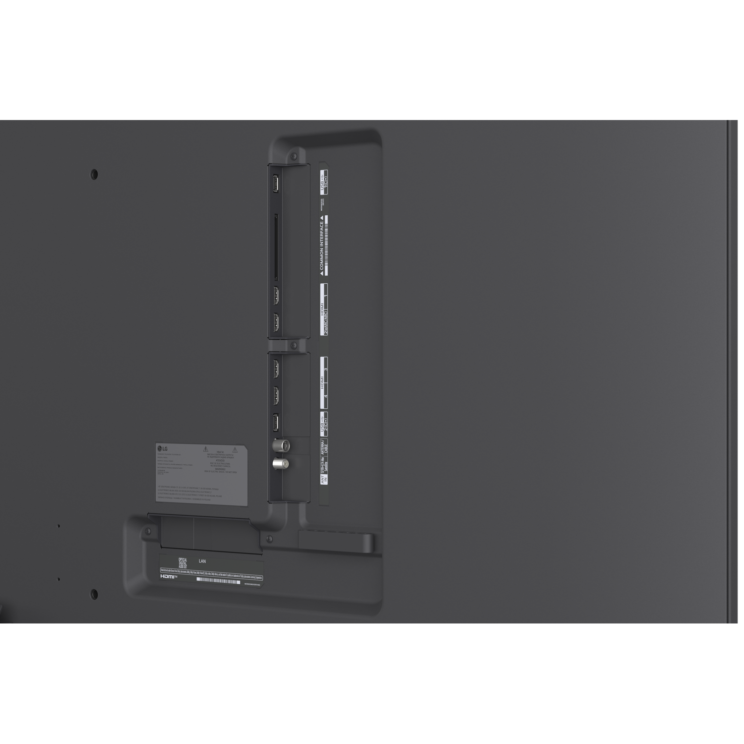 Achterkant van een tv met poorten: HDMI, USB, LAN, Antenne.