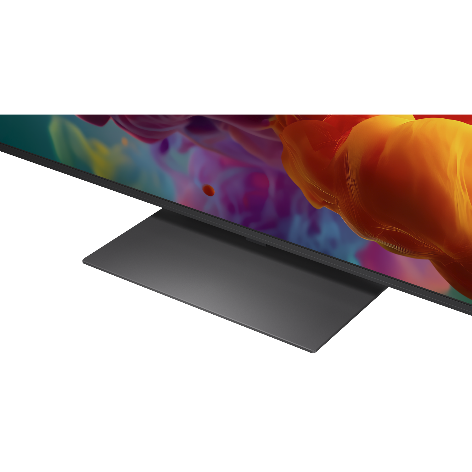 A modern TV with a wide, flat stand and a vibrant background image.