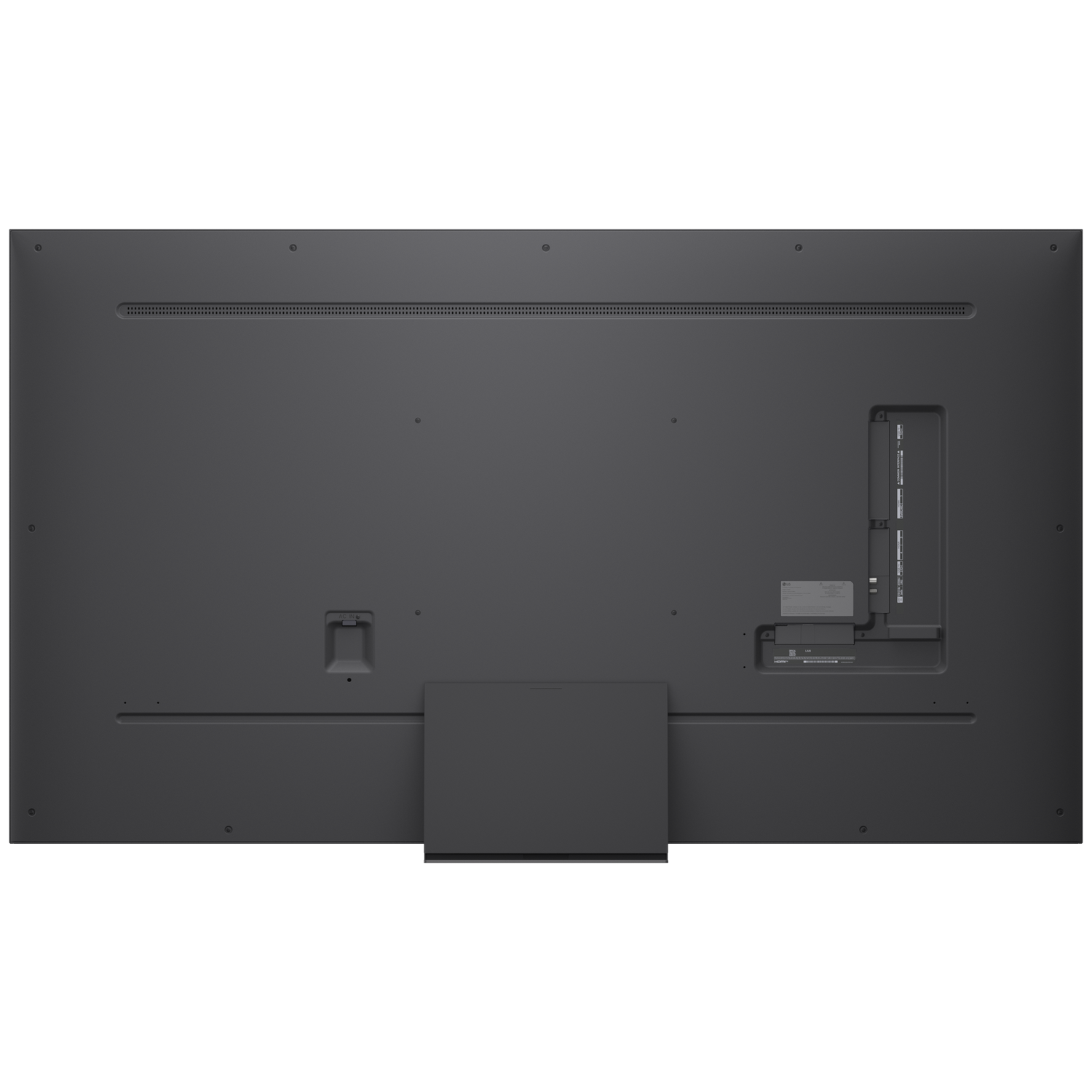 Back of a large black TV with ports and vents. Stand attached at bottom center.