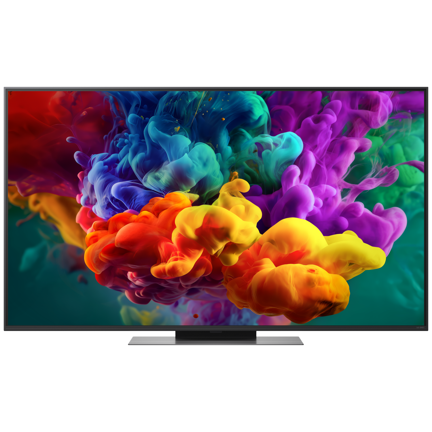 A modern TV displays vibrant, colorful ink clouds of red, orange, blue, and purple.