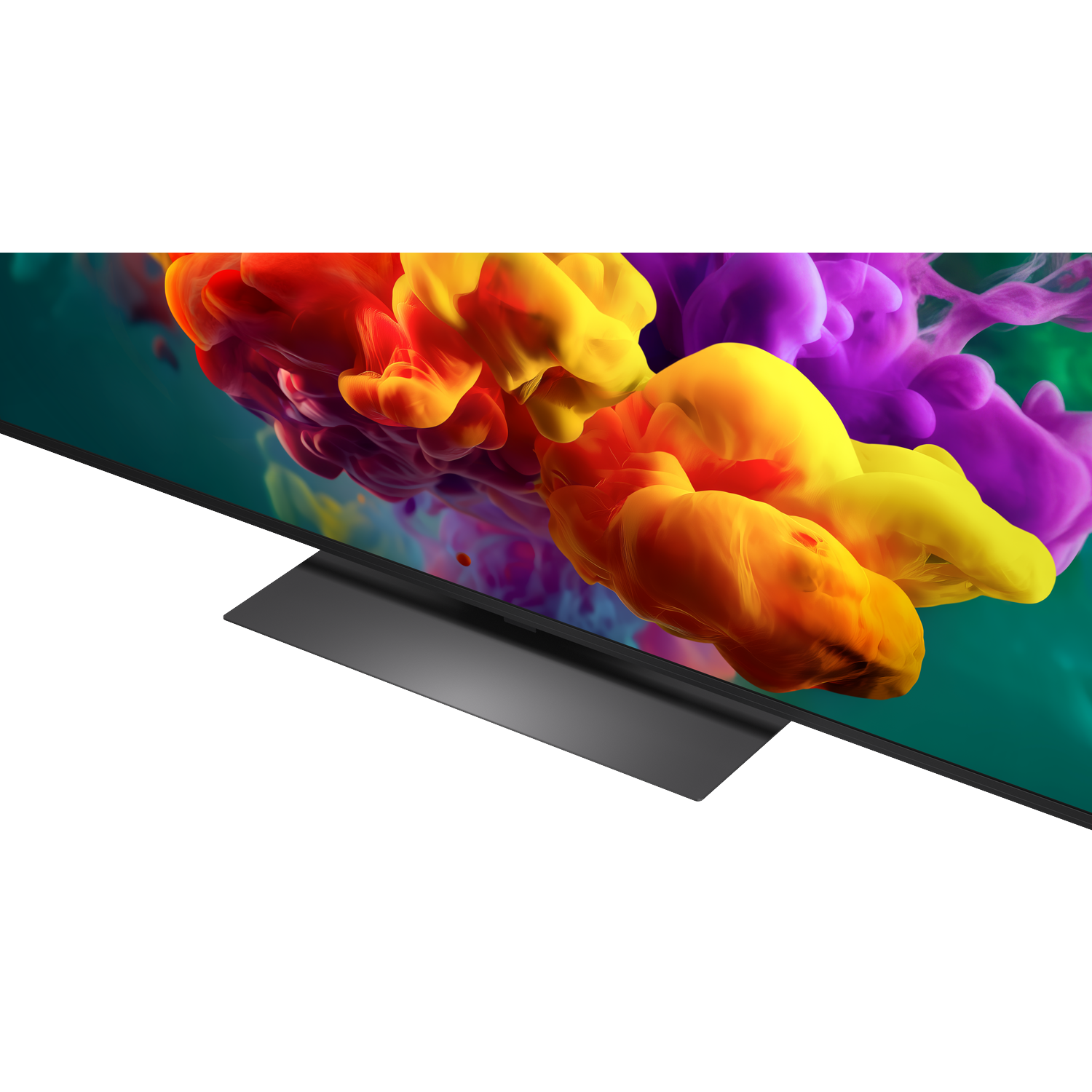 A modern TV displays vibrant orange, yellow, and purple smoke-like shapes on a green background.