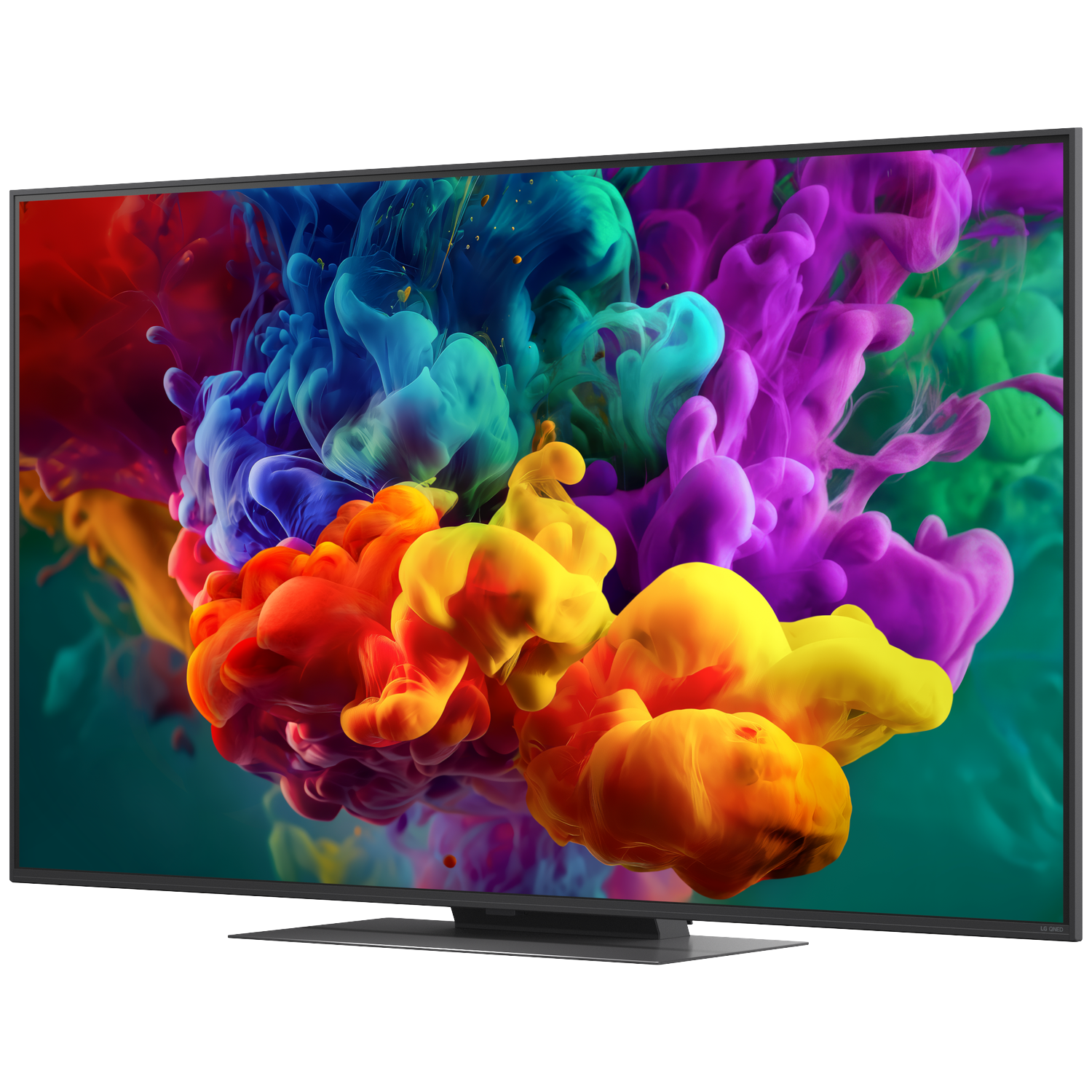 A modern TV displays vibrant, colorful smoke-like shapes against a dark background.