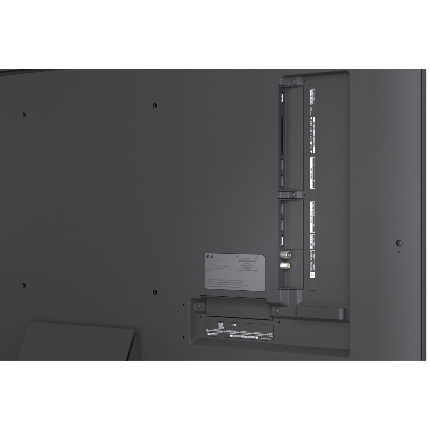 Back view of a TV showing ports: HDMI, USB, LAN, and antenna input.