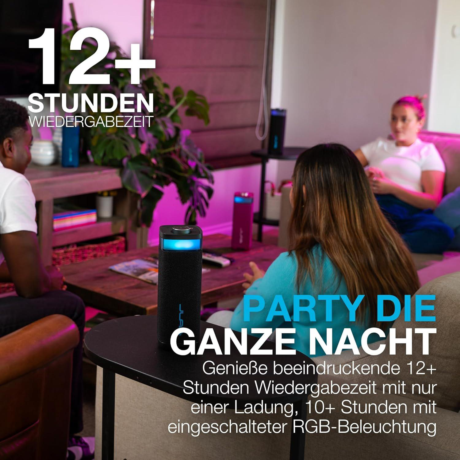 Feiern Sie die ganze Nacht mit über 12 Stunden Wiedergabezeit. Lautsprecher mit RGB-Beleuchtung.