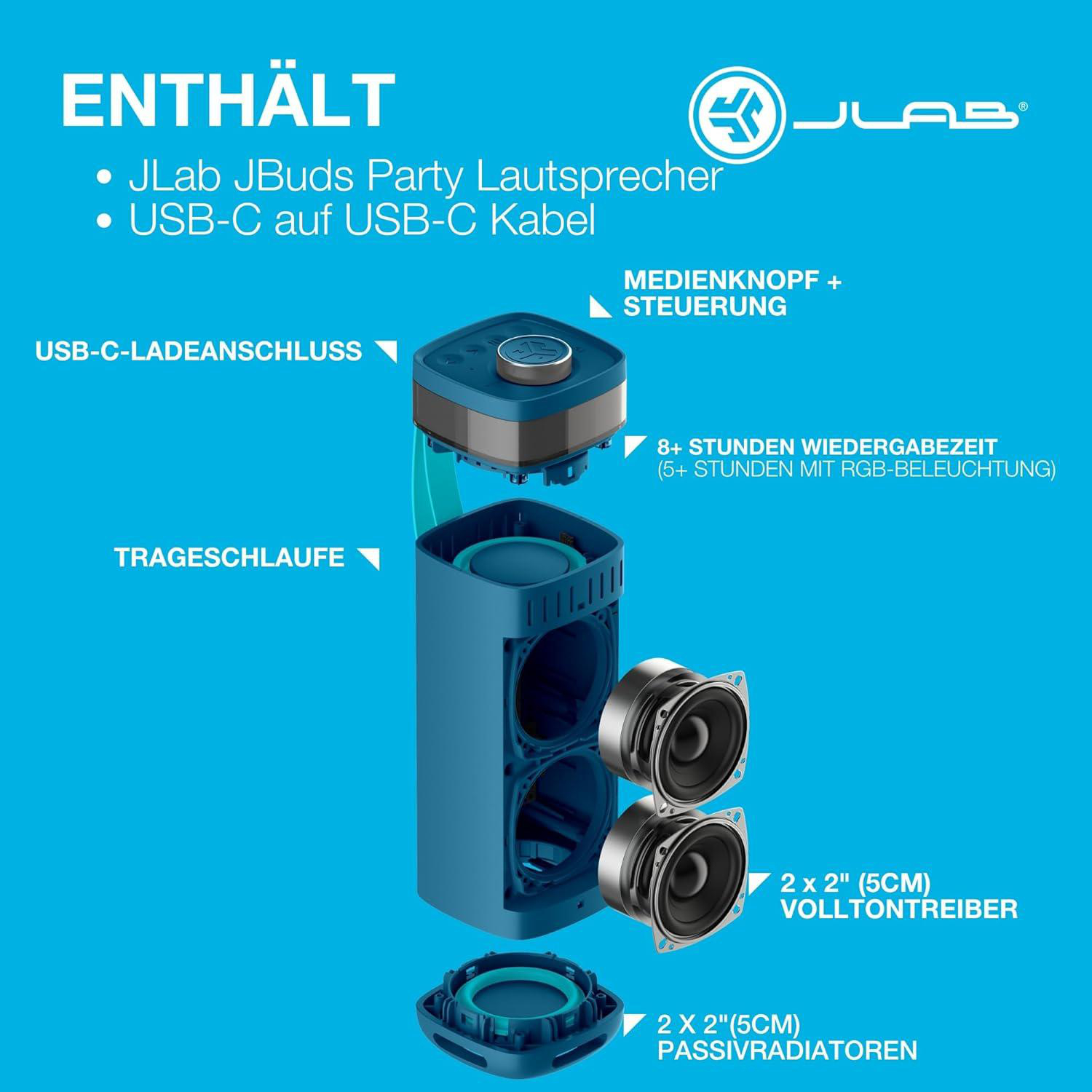 Explosionszeichnung eines blauen JLab JBuds Party Lautsprechers mit Details.
