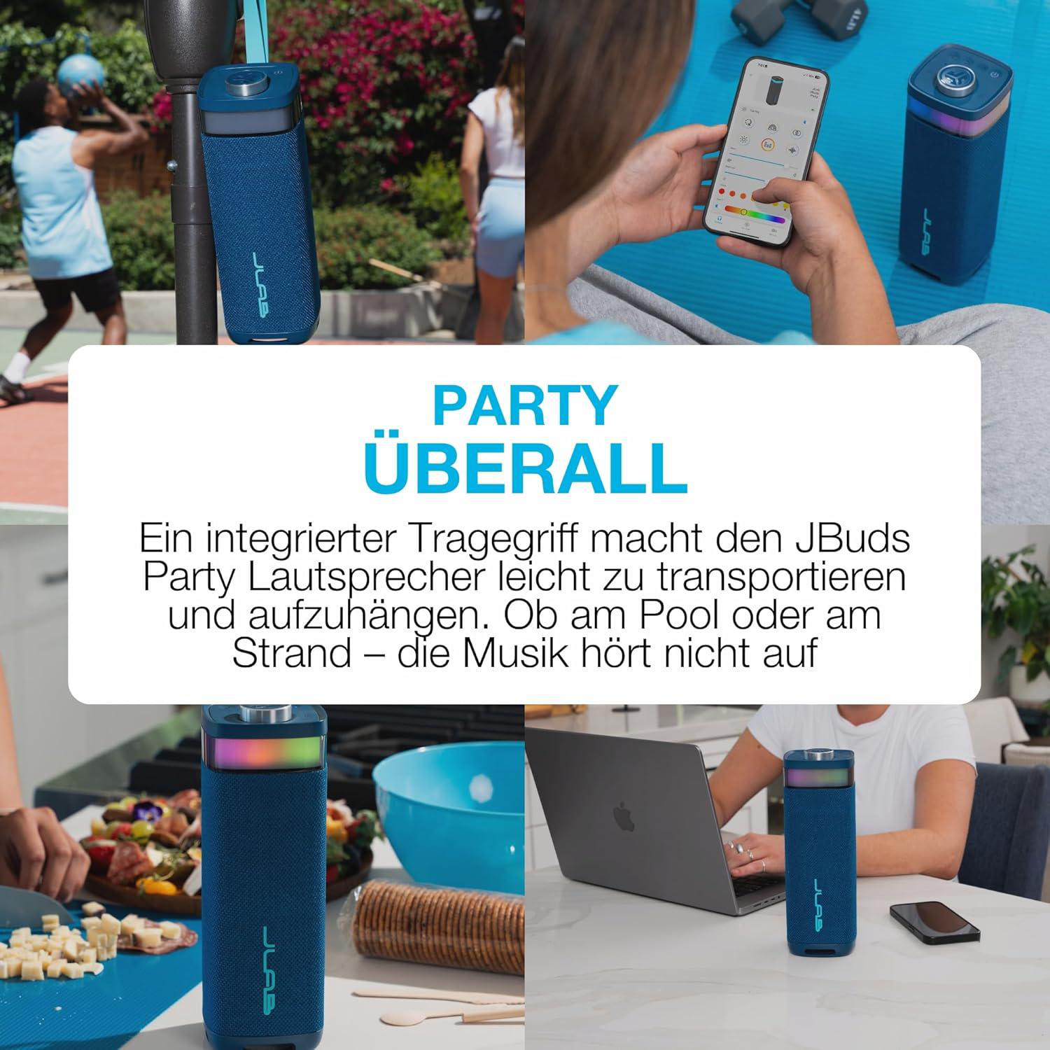 Vier Szenen zeigen einen blauen JBuds Party Lautsprecher in verschiedenen Umgebungen.