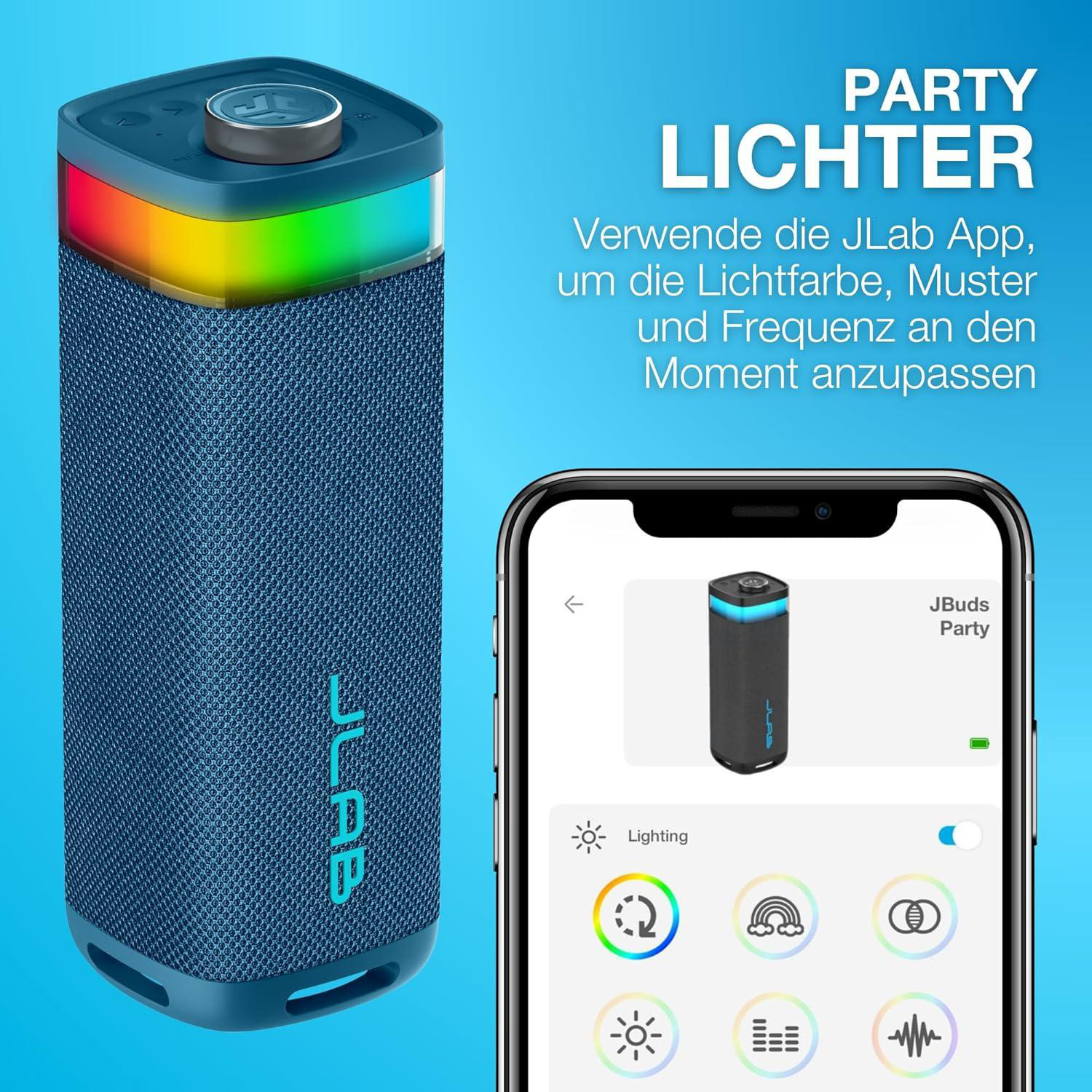 Blauer Lautsprecher mit Farbwechsel-Beleuchtung und App-Steuerung auf einem Smartphone.