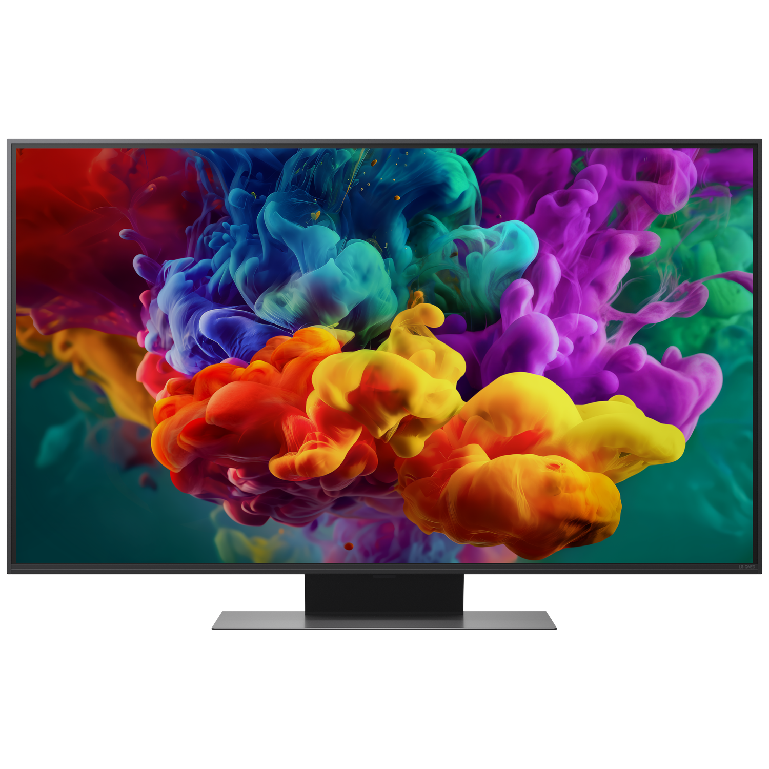 Een moderne tv toont een abstracte afbeelding van kleurrijke, wervelende inktwolken.