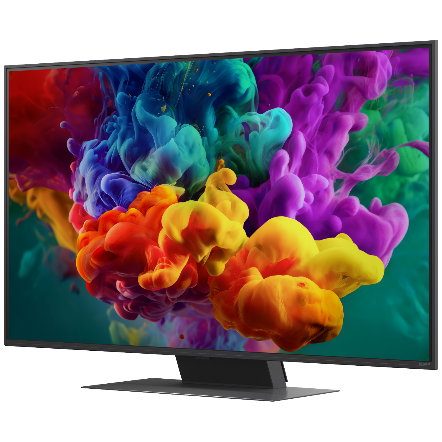 Een strakke zwarte tv toont levendige, wervelende wolken van rode, oranje, gele, blauwe en paarse inkt.
