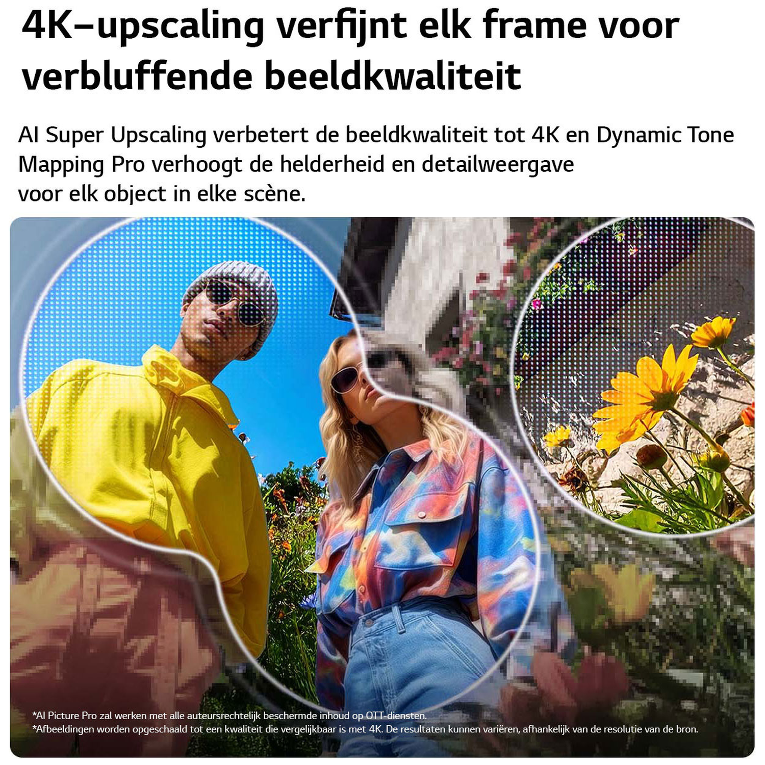Twee mensen en een bloem, met pixel overlay die details benadrukt.