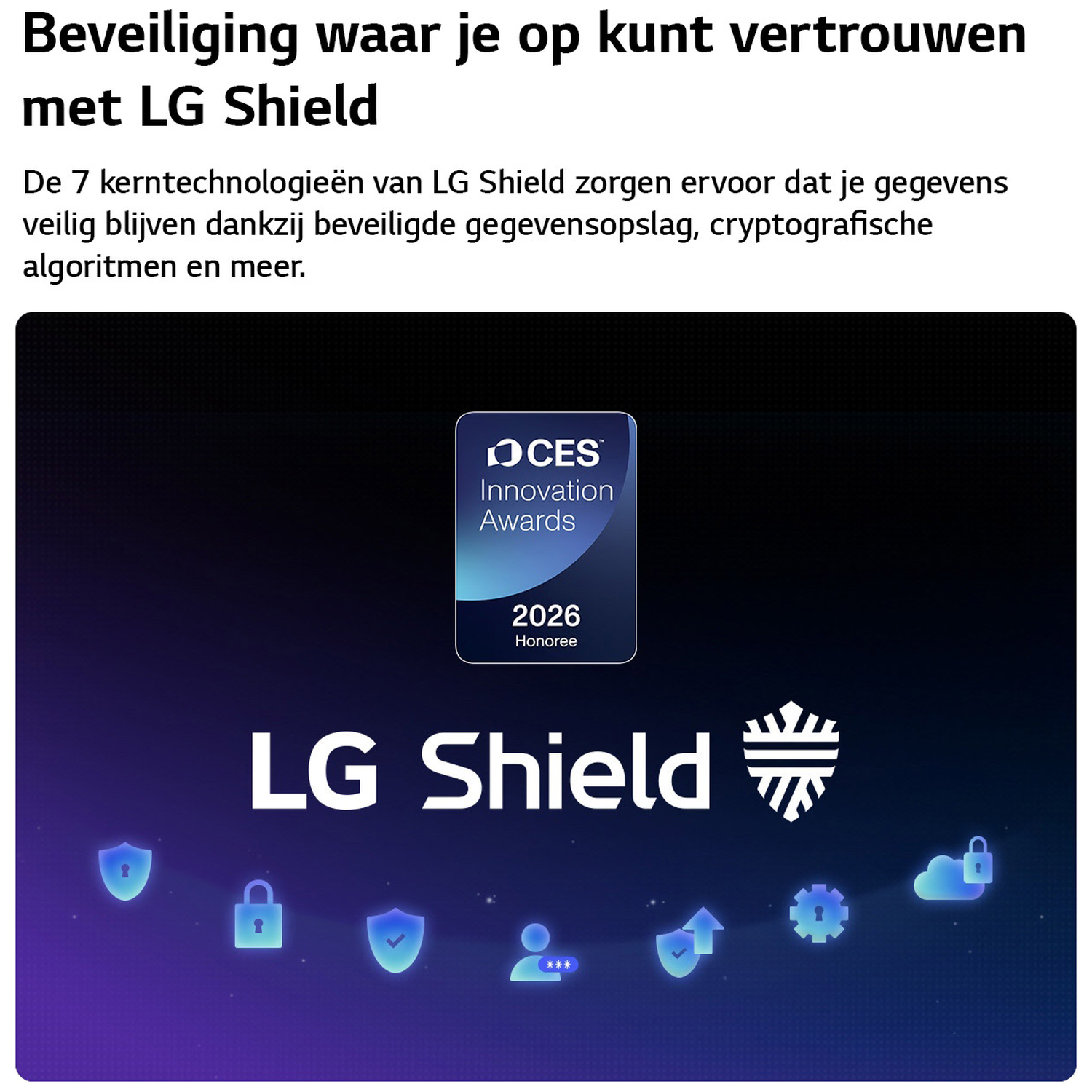 LG Shield met CES Innovation Award 2026. Iconen voor beveiliging en cloud.