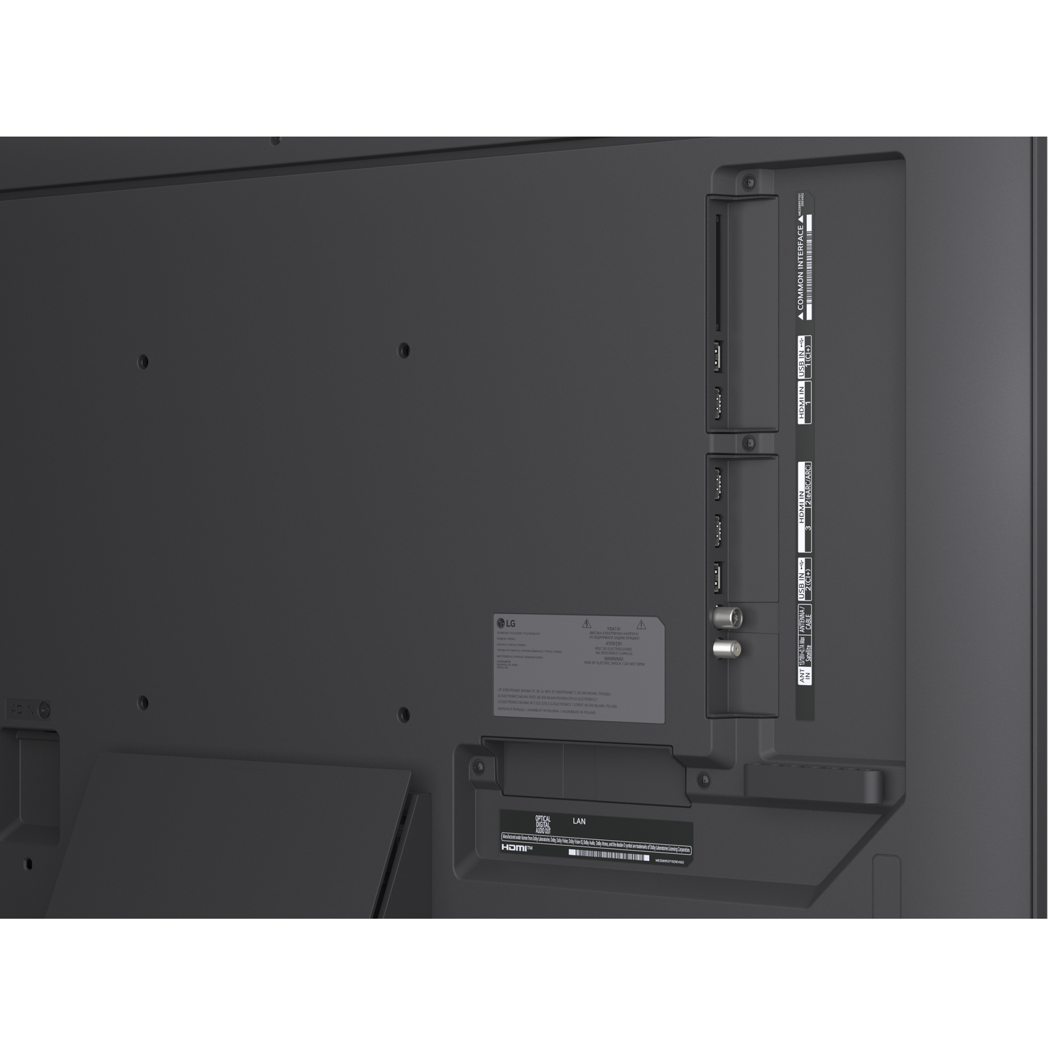 Achterpaneel van een tv met poorten zoals HDMI, USB, LAN en antenne.