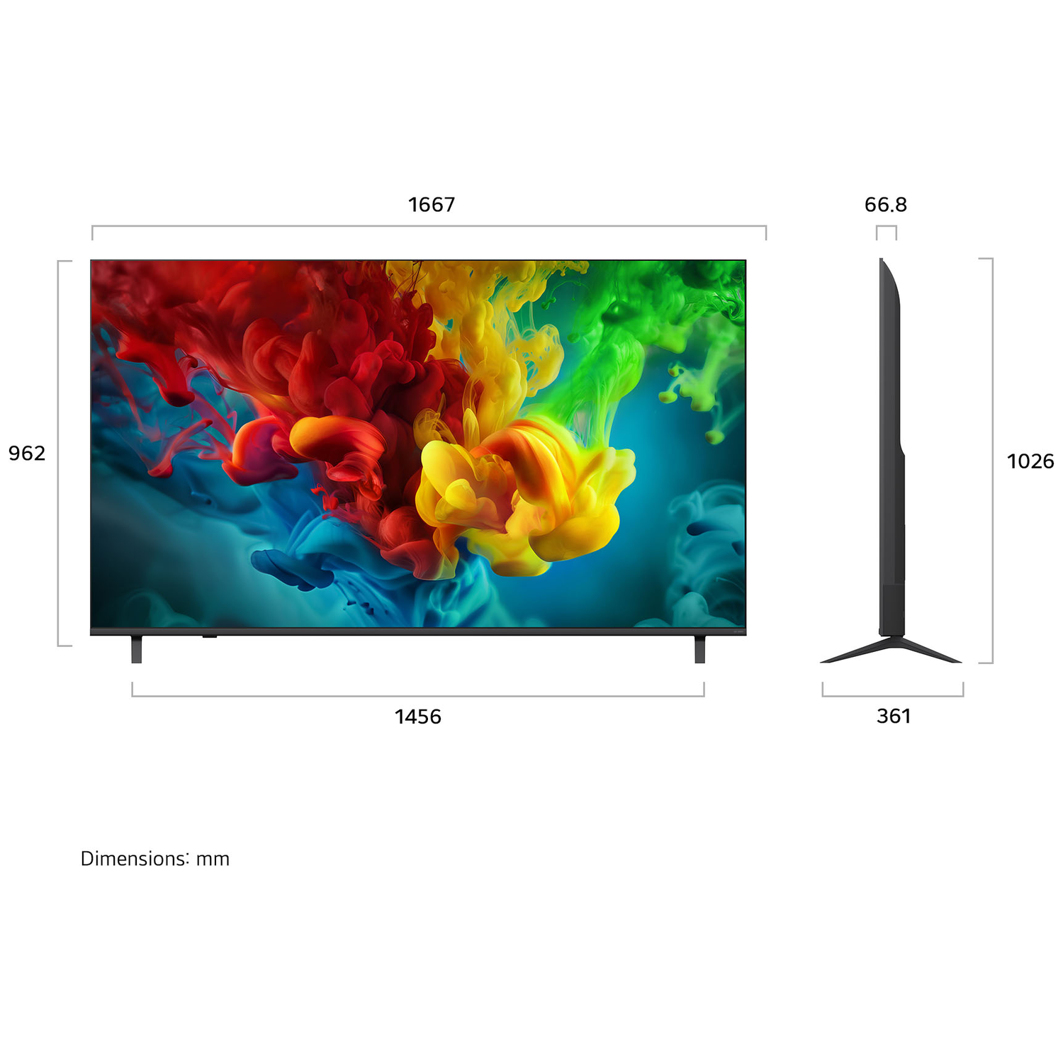 A modern flat-screen TV displaying a colorful screensaver with dimensions.