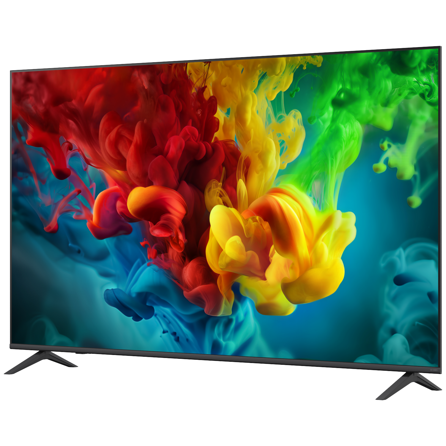 A flat-screen TV displays vibrant red, yellow, and green ink clouds on a blue background.