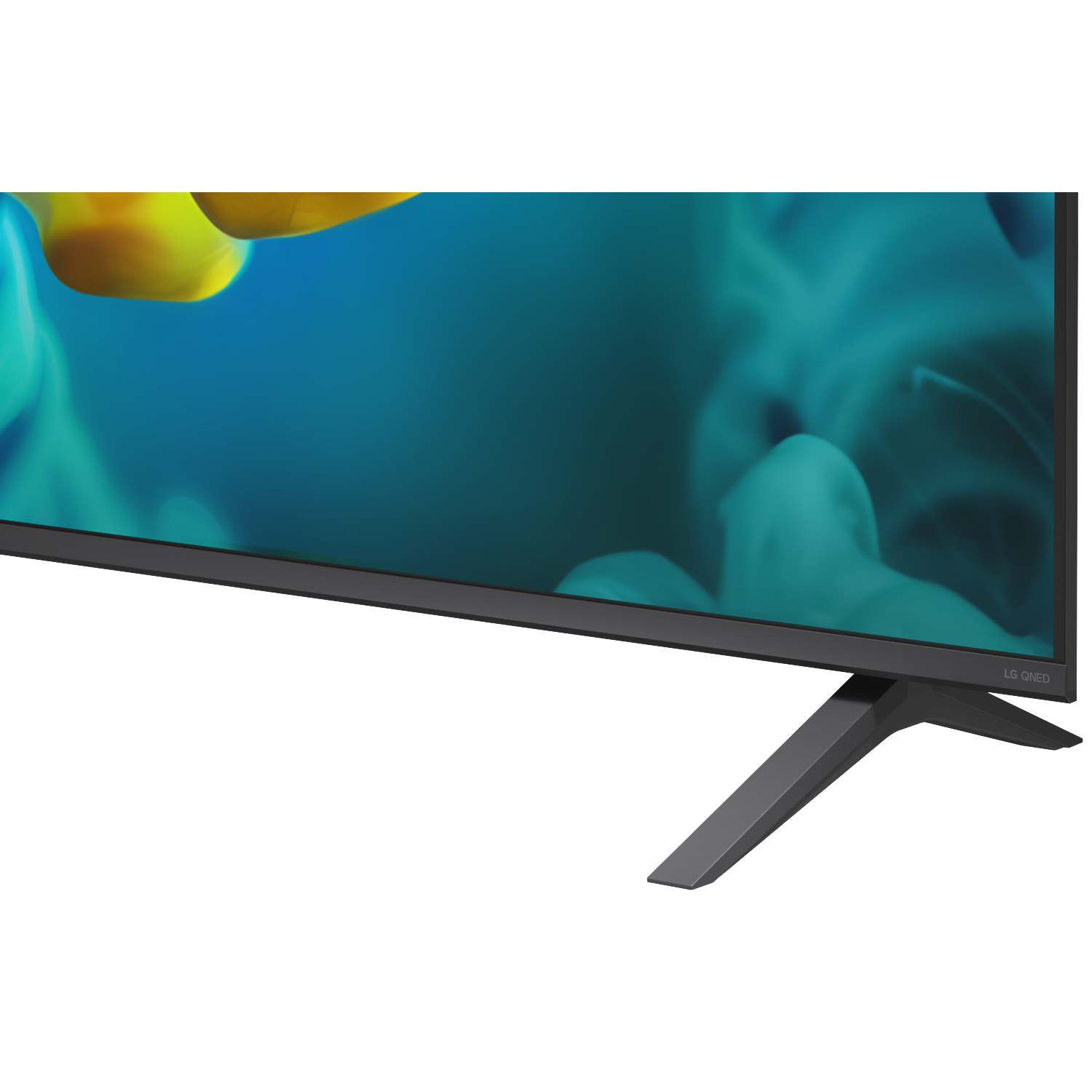 An LG QNED television displaying an abstract blue and yellow background.