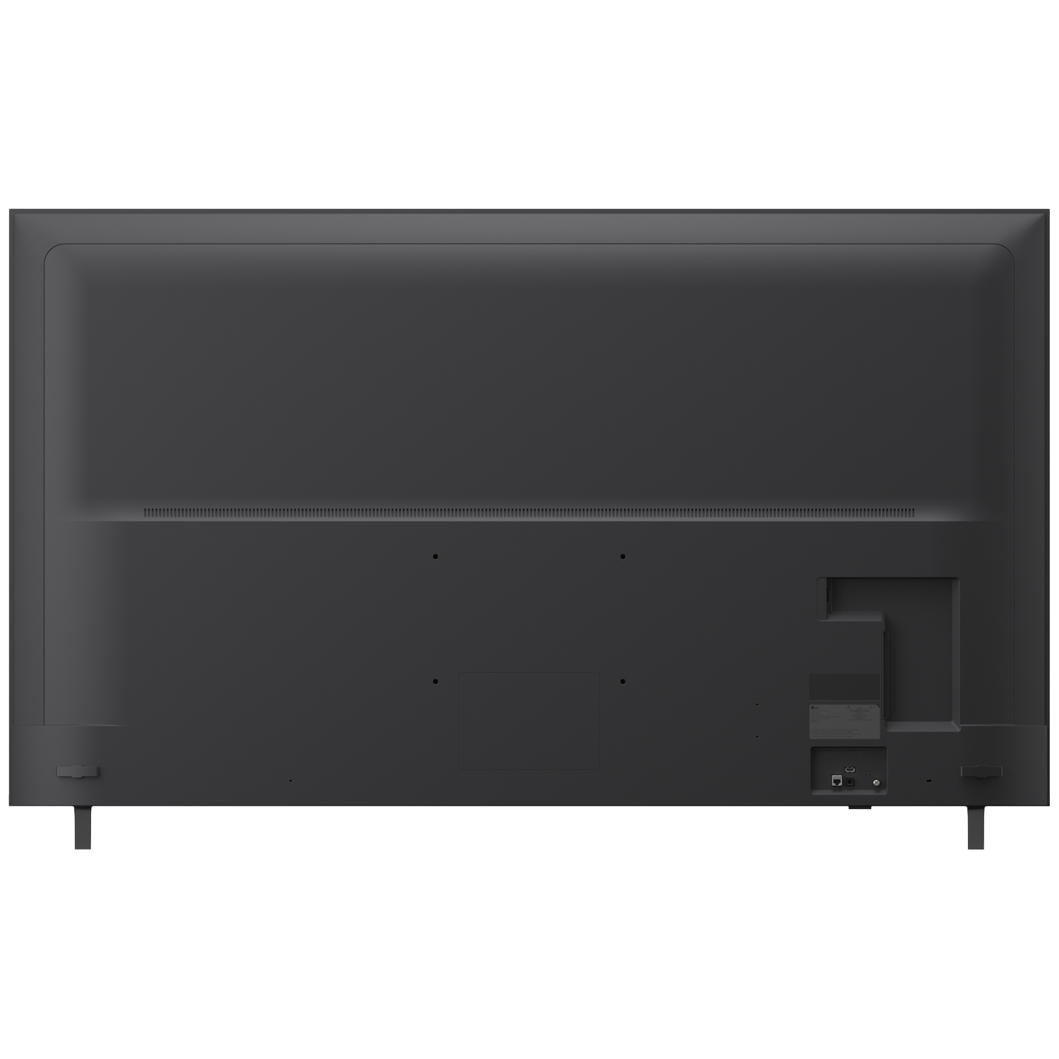 Back of a black television with ports and two stands.