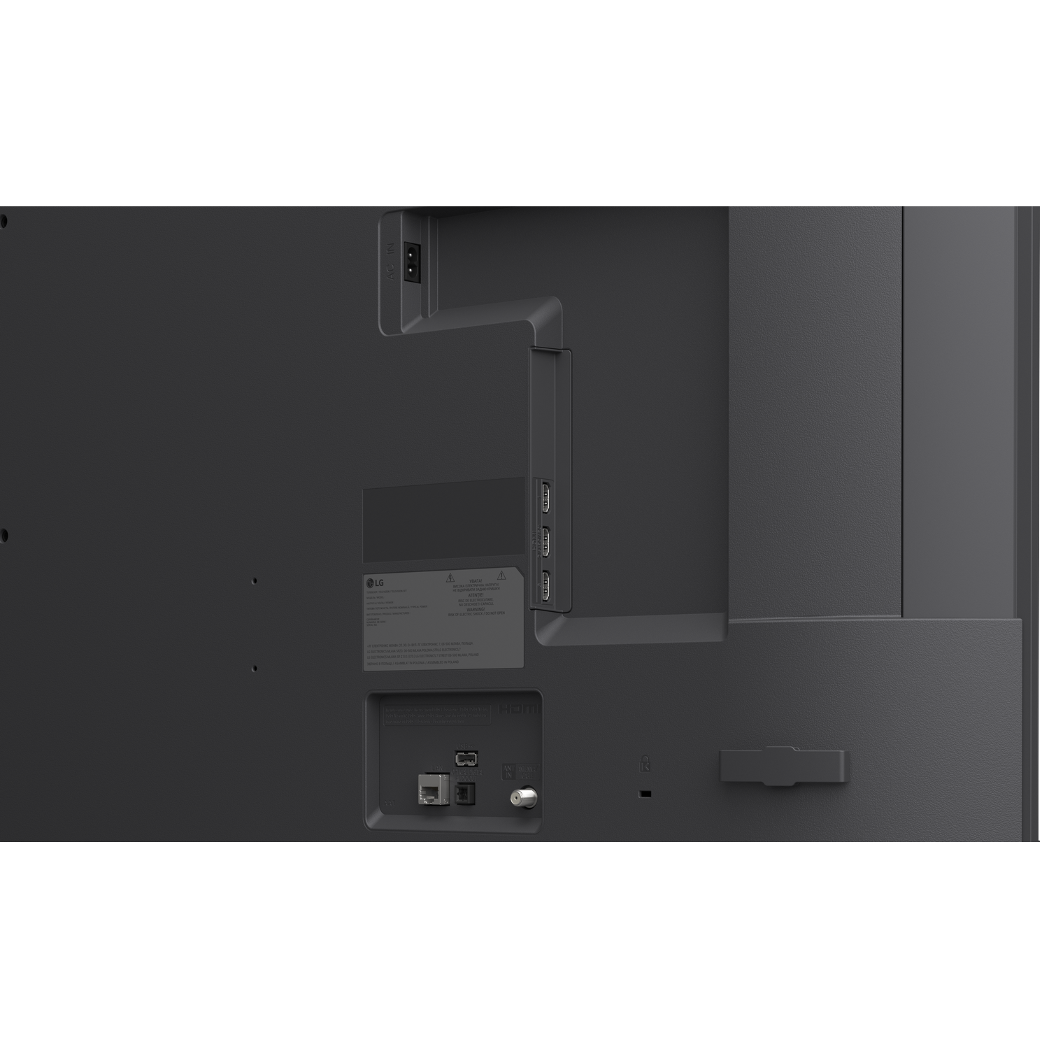 Back of a TV showing ports: power, HDMI, USB, Ethernet, and antenna.