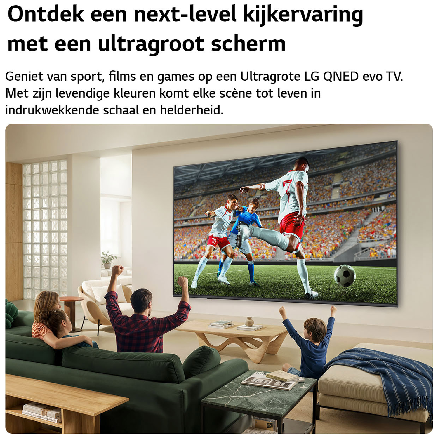 Family watches soccer on a large LG TV.