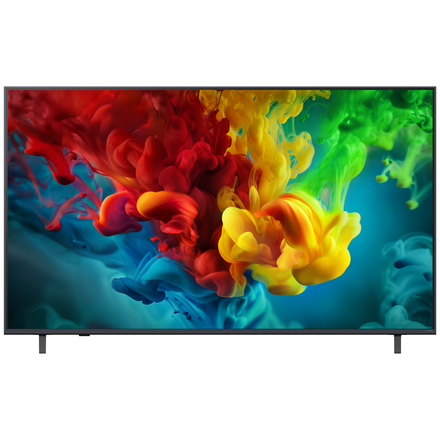 A modern TV displays an abstract image of red, yellow, and green ink clouds on a blue background.