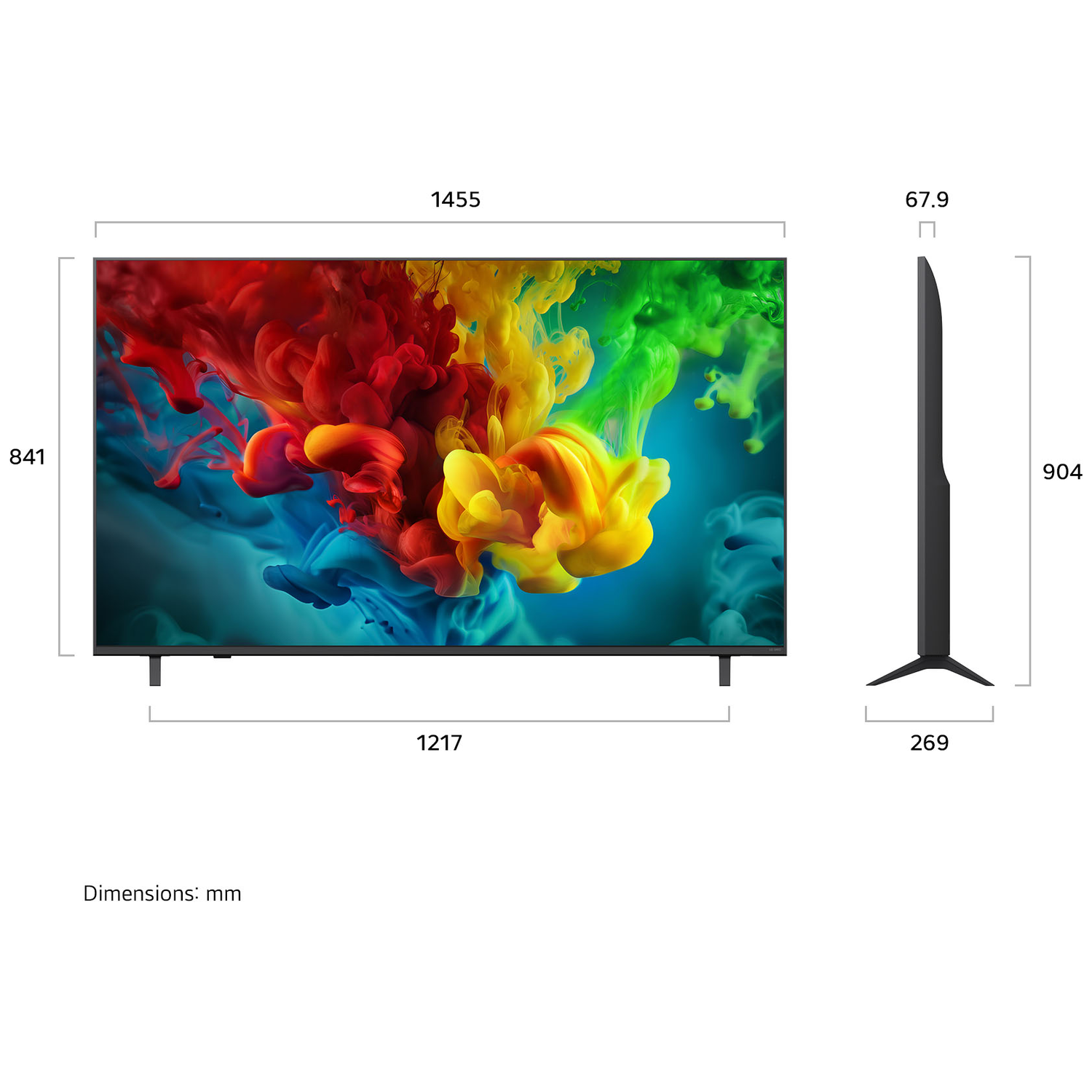 A modern TV displaying colorful smoke with dimensions indicated.