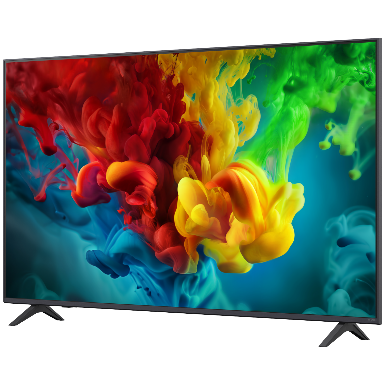 A modern TV displays vibrant red, yellow, and green ink swirls on a blue background.