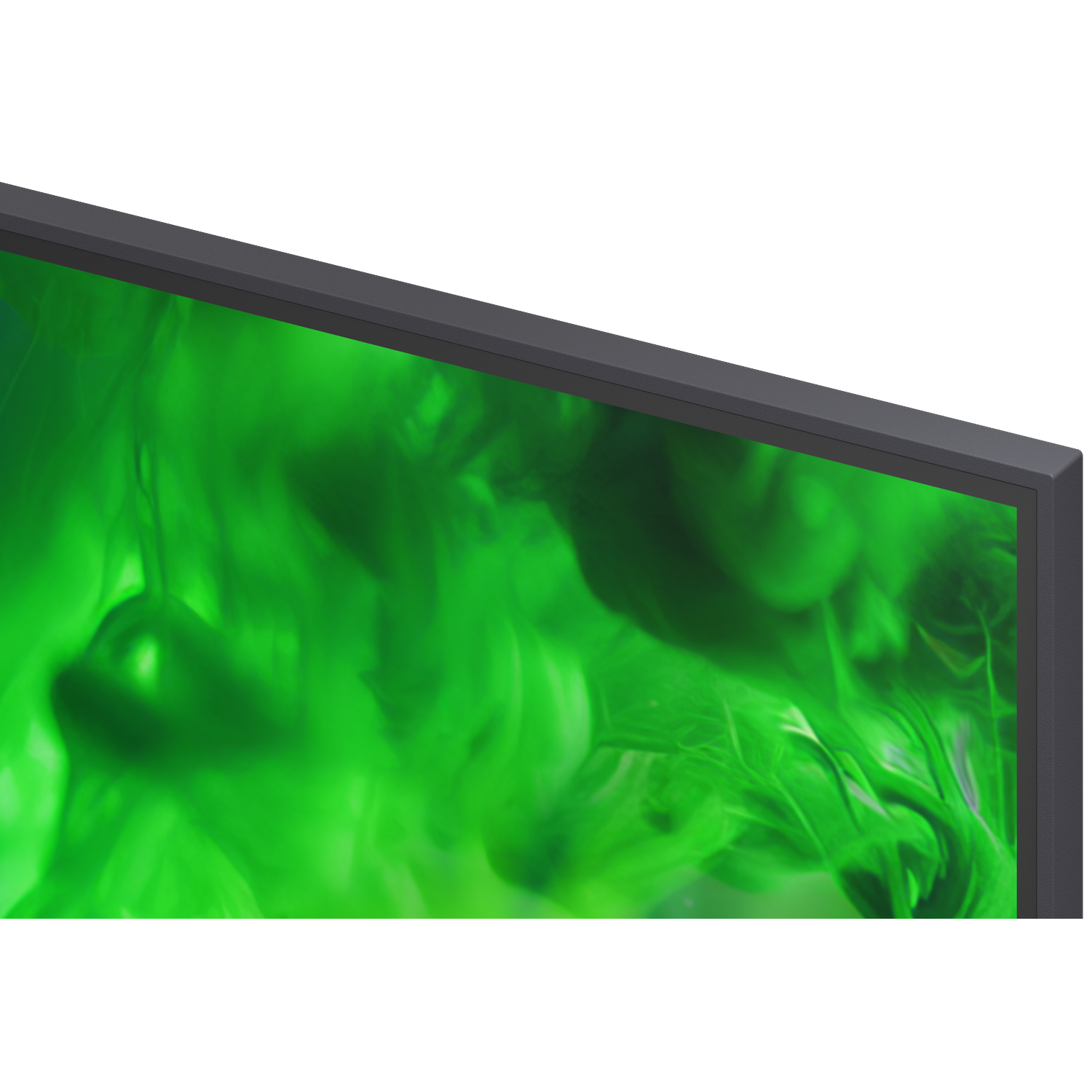 Dark gray TV bezel with bright green, smoke-like graphics filling the screen.