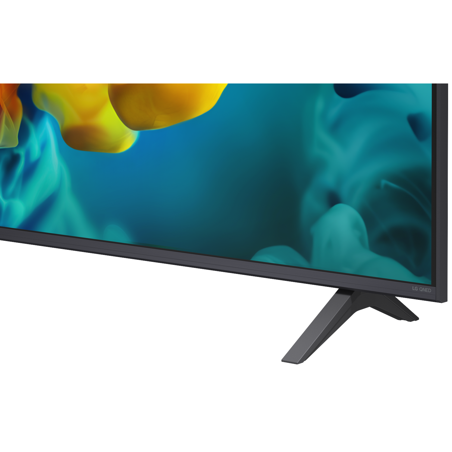 A close-up of an LG QNED TV screen displaying abstract colorful ink on a blue background.