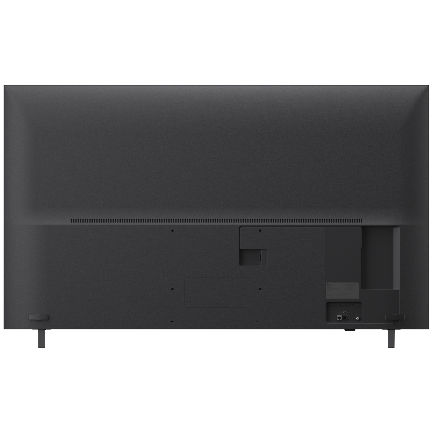 Back of a gray TV with ports and stands.