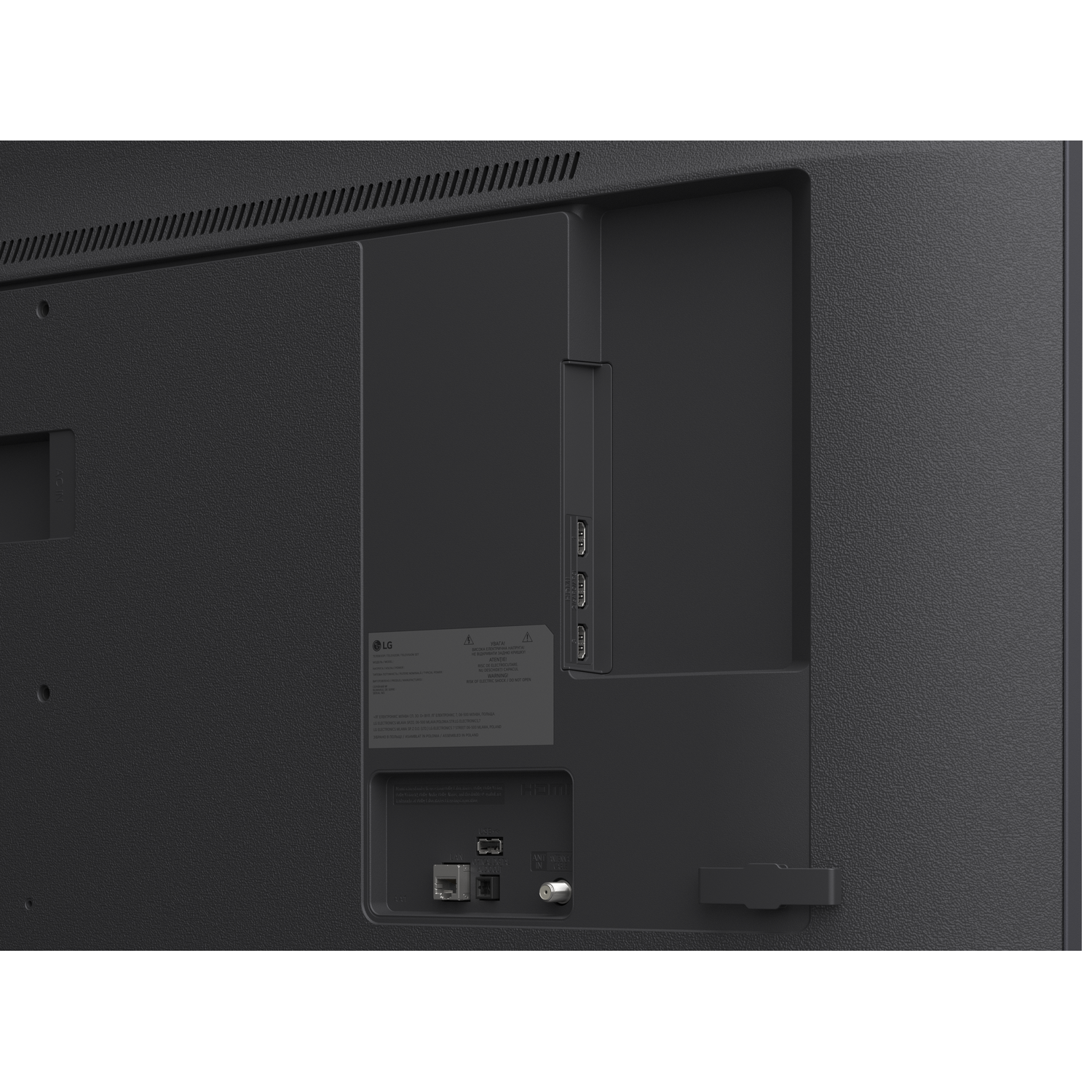 Back of a TV showing ports: HDMI, LAN, Antenna, AC in.