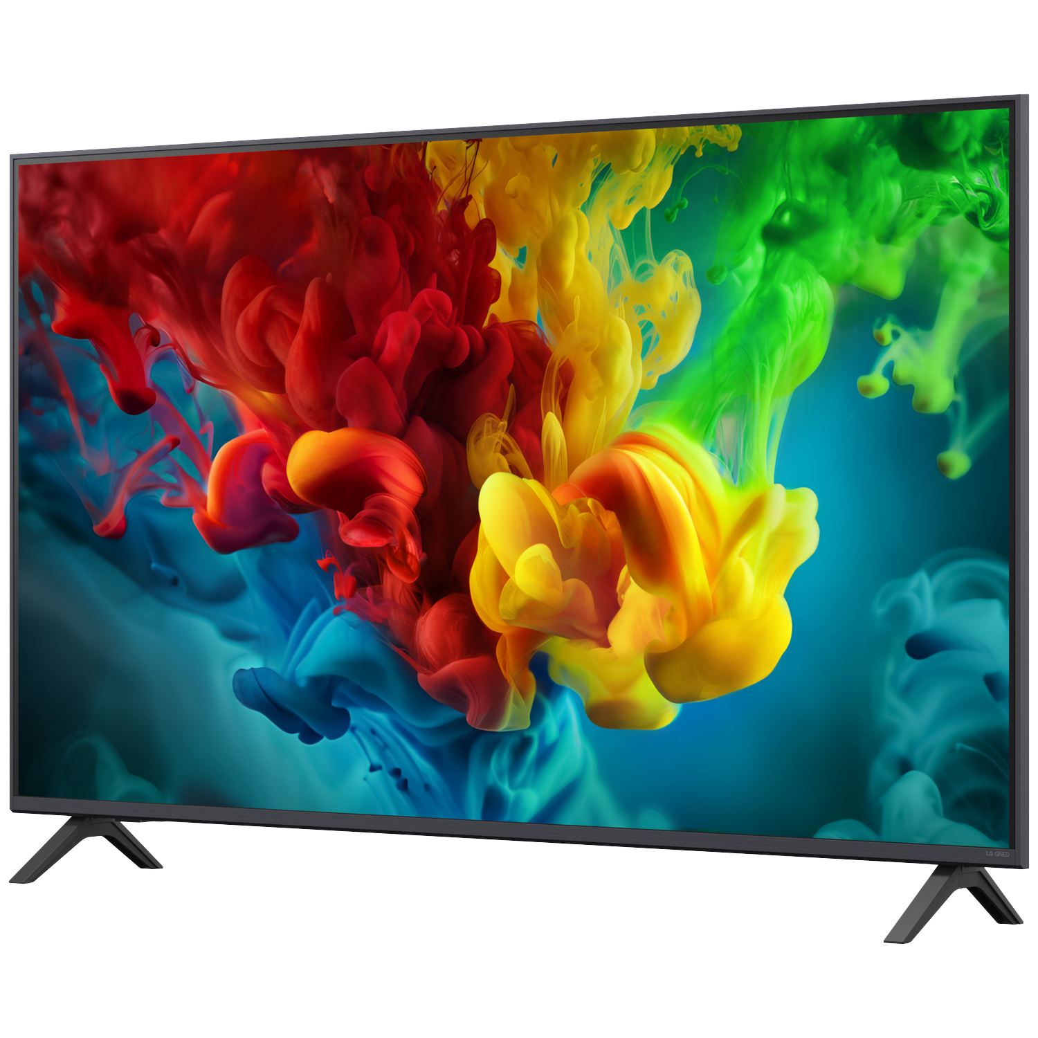 A modern TV displays a vibrant abstract art of red, yellow, and green ink swirls on a blue background.