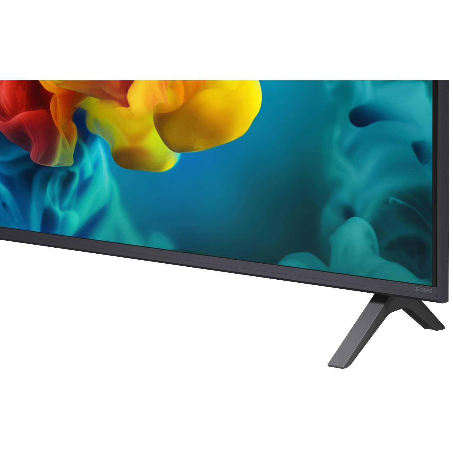 An LG QNED TV displaying colorful smoke effects on screen, with a gray stand.