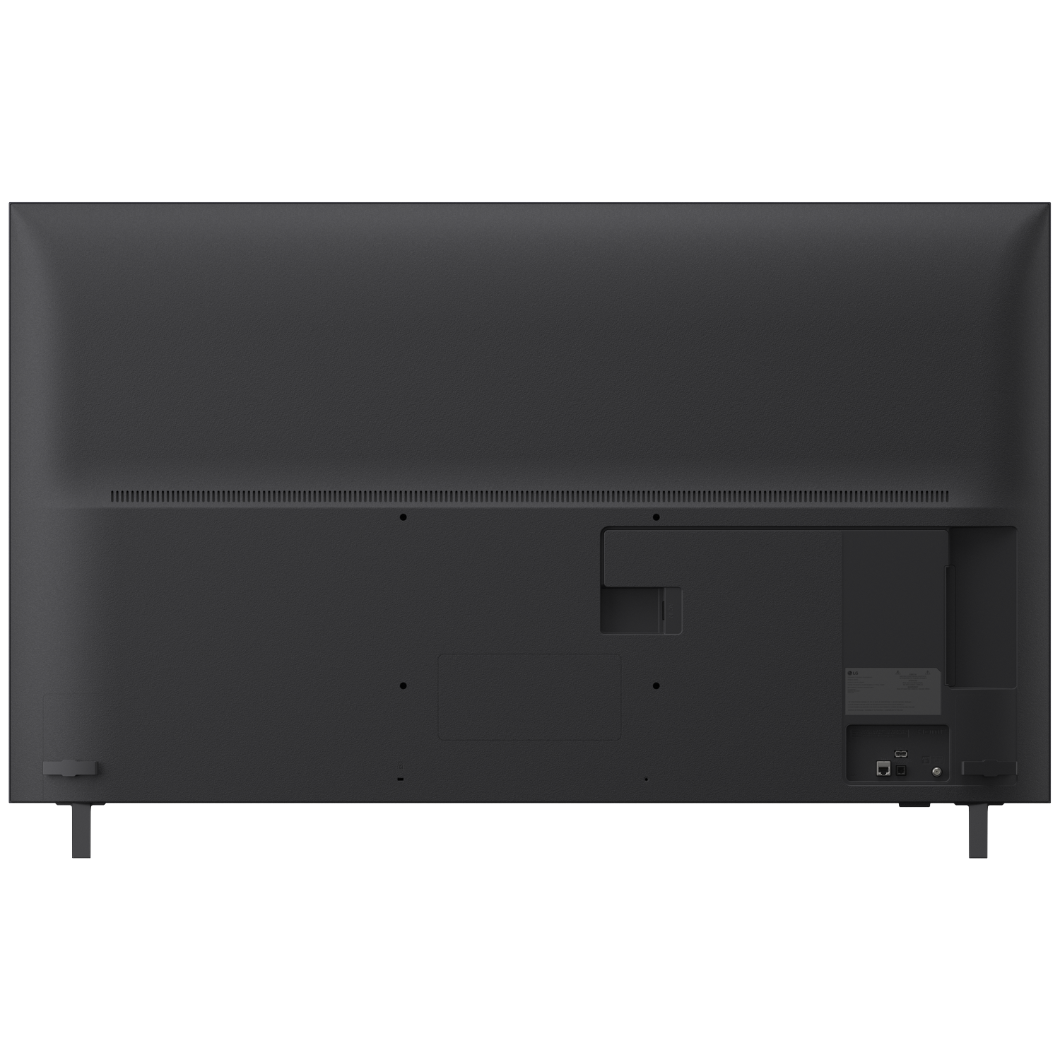 Back of a dark TV showing ports and stand legs.
