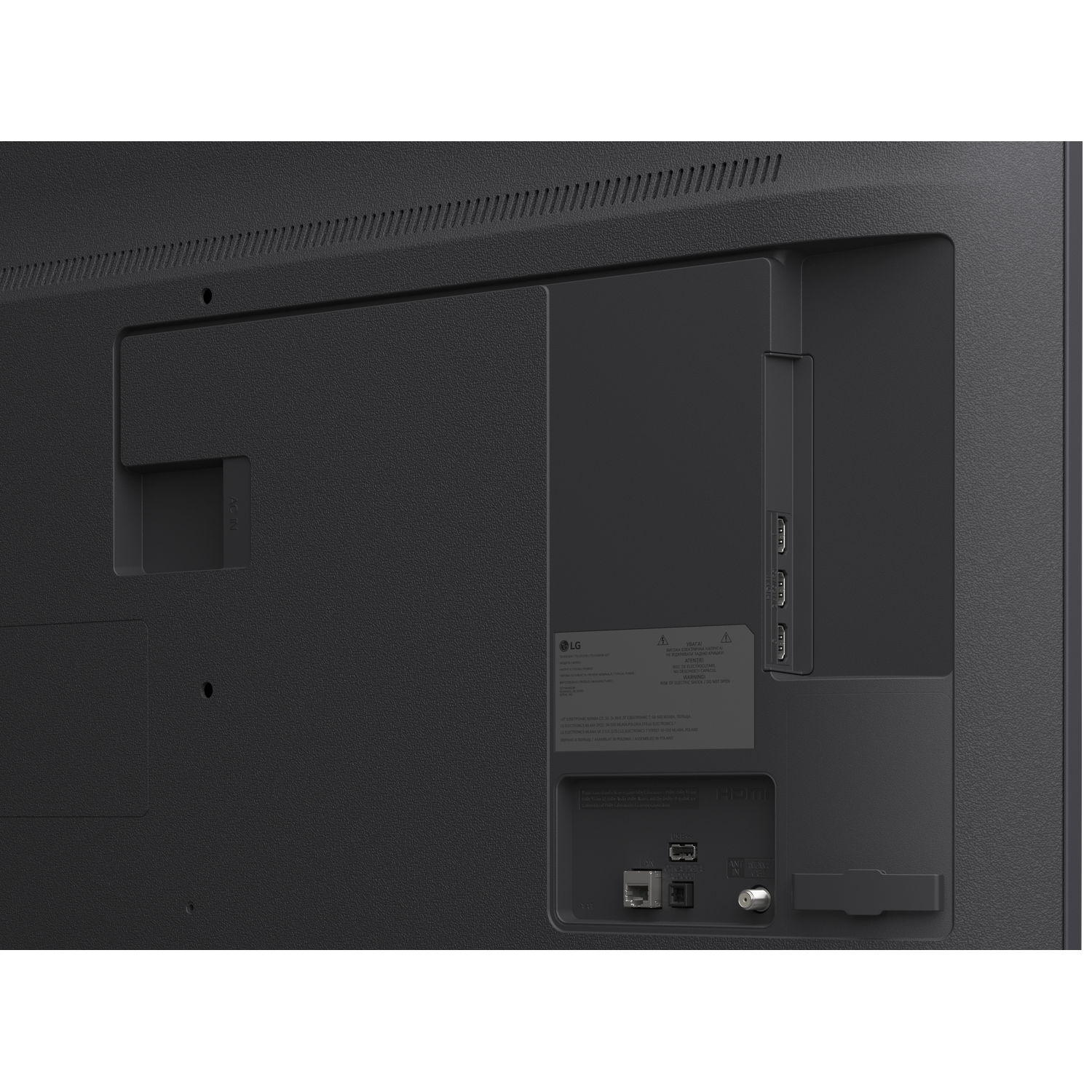 Back panel of a TV showing ports like HDMI, LAN, and antenna input.