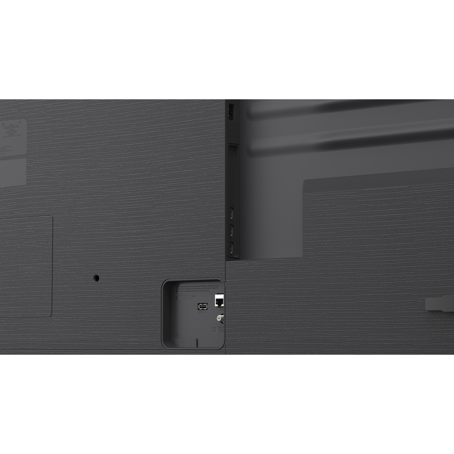 Back of a TV showing ports like HDMI and network cable.