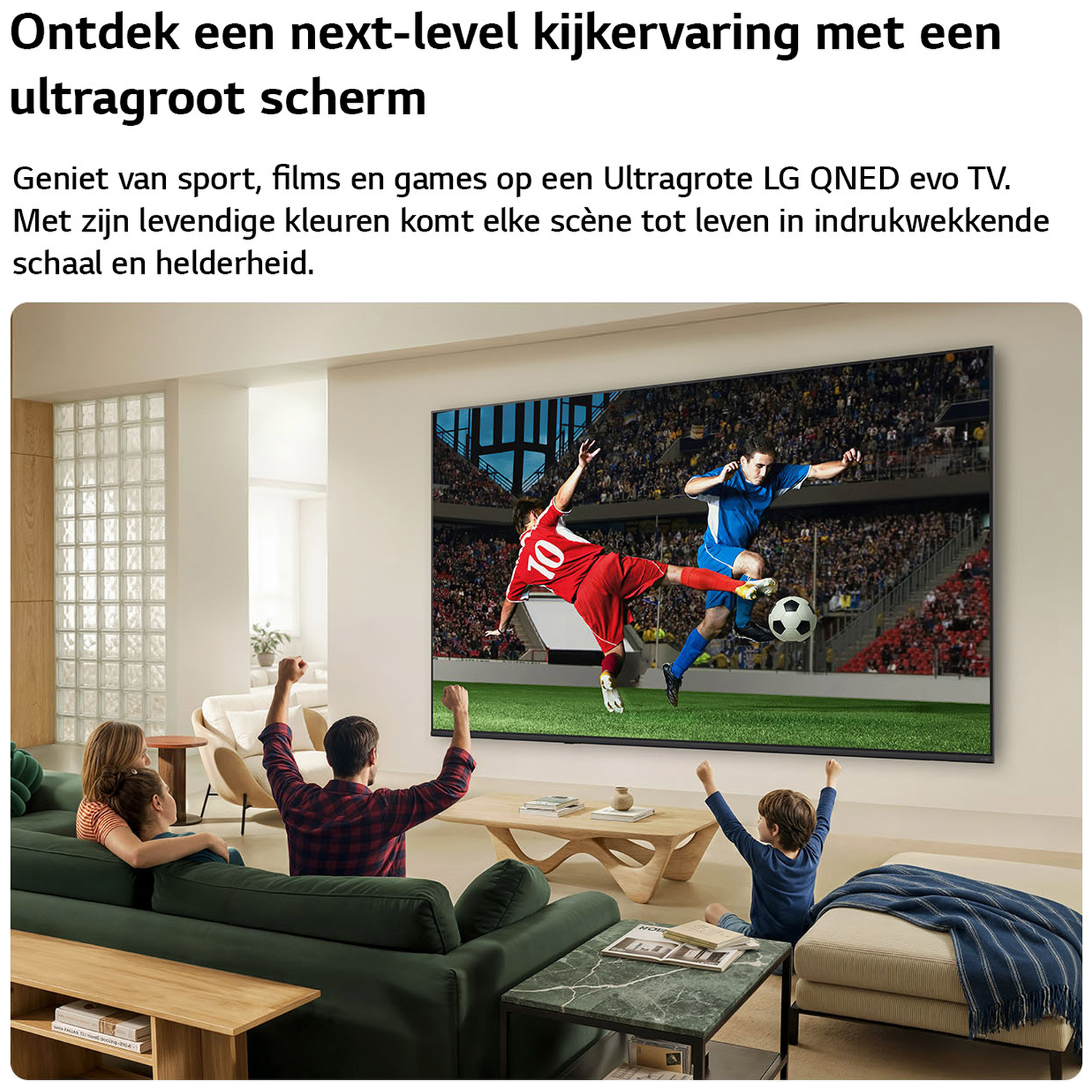 A family watches a soccer game on a giant LG TV.