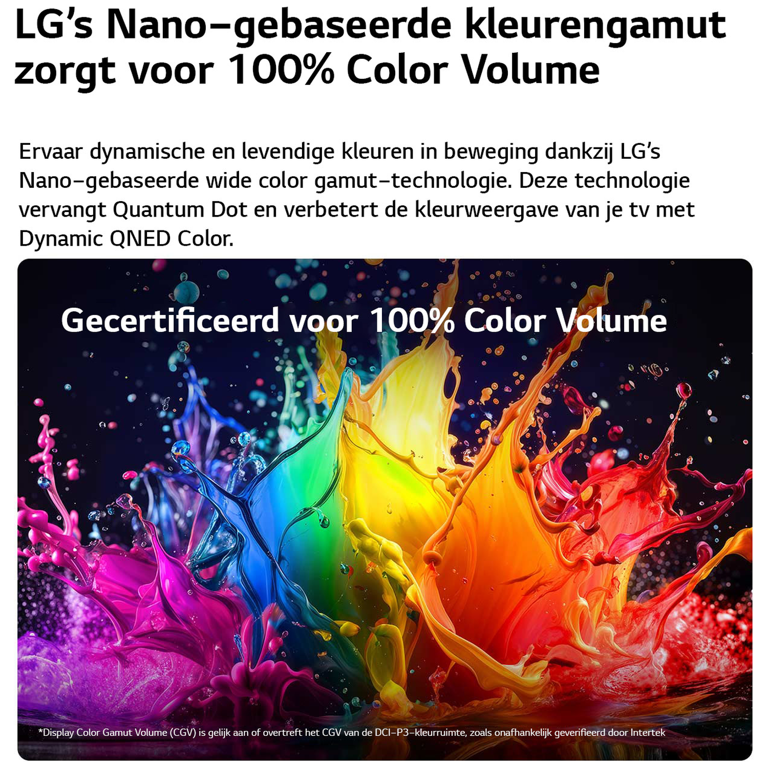 Colorful explosions of paint on a dark background, with text about LG's Nano technology.