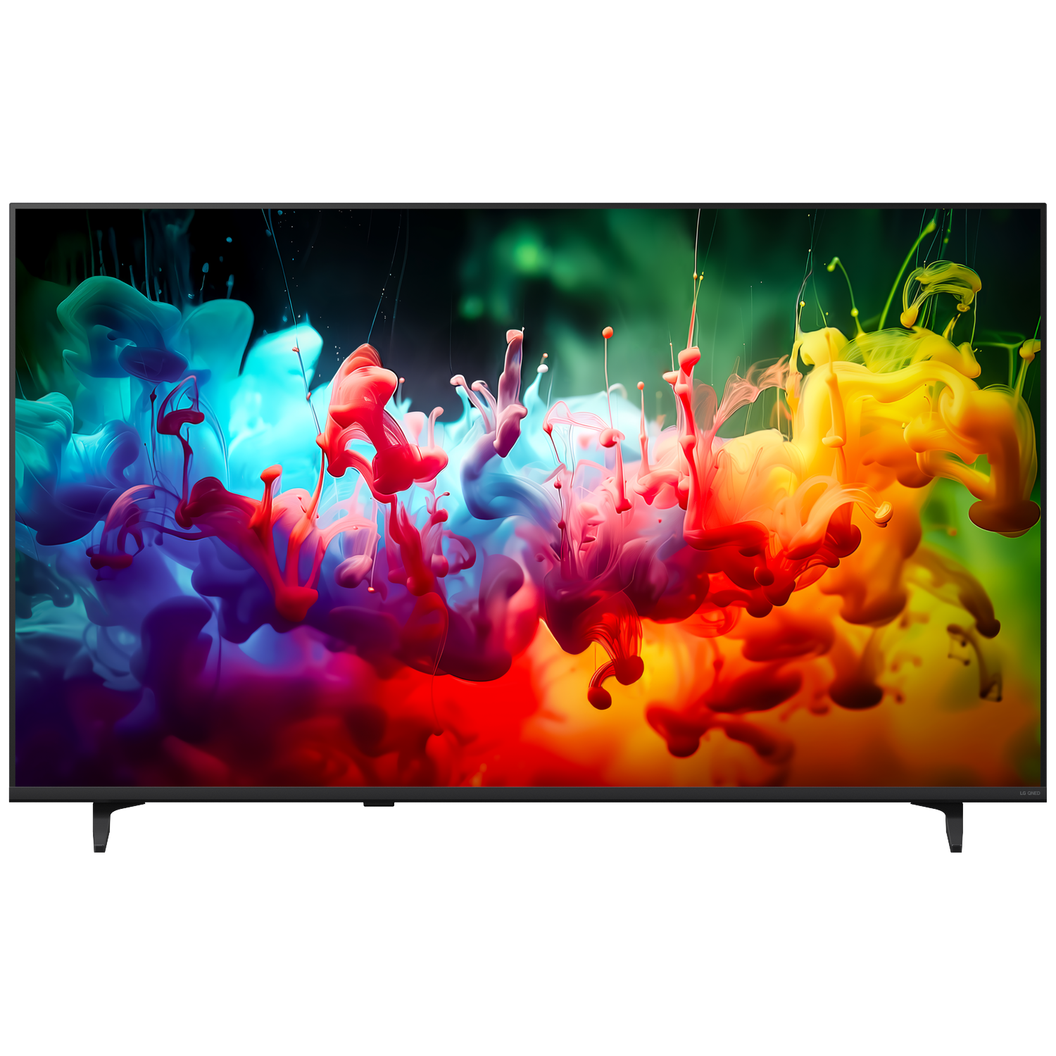 A television displays an abstract image of exploding color in red, blue, and yellow.