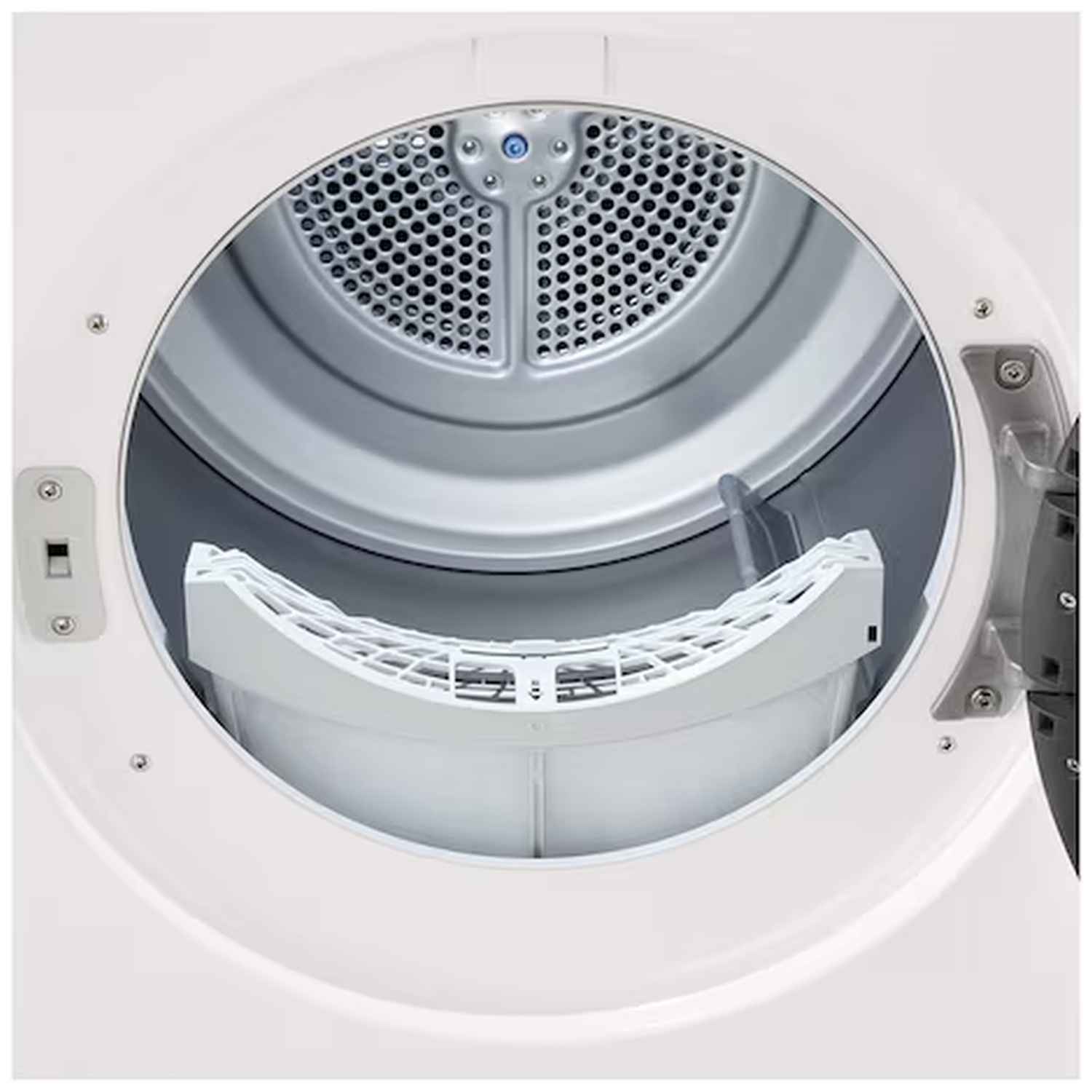 Interior of a white dryer with a white lint filter.