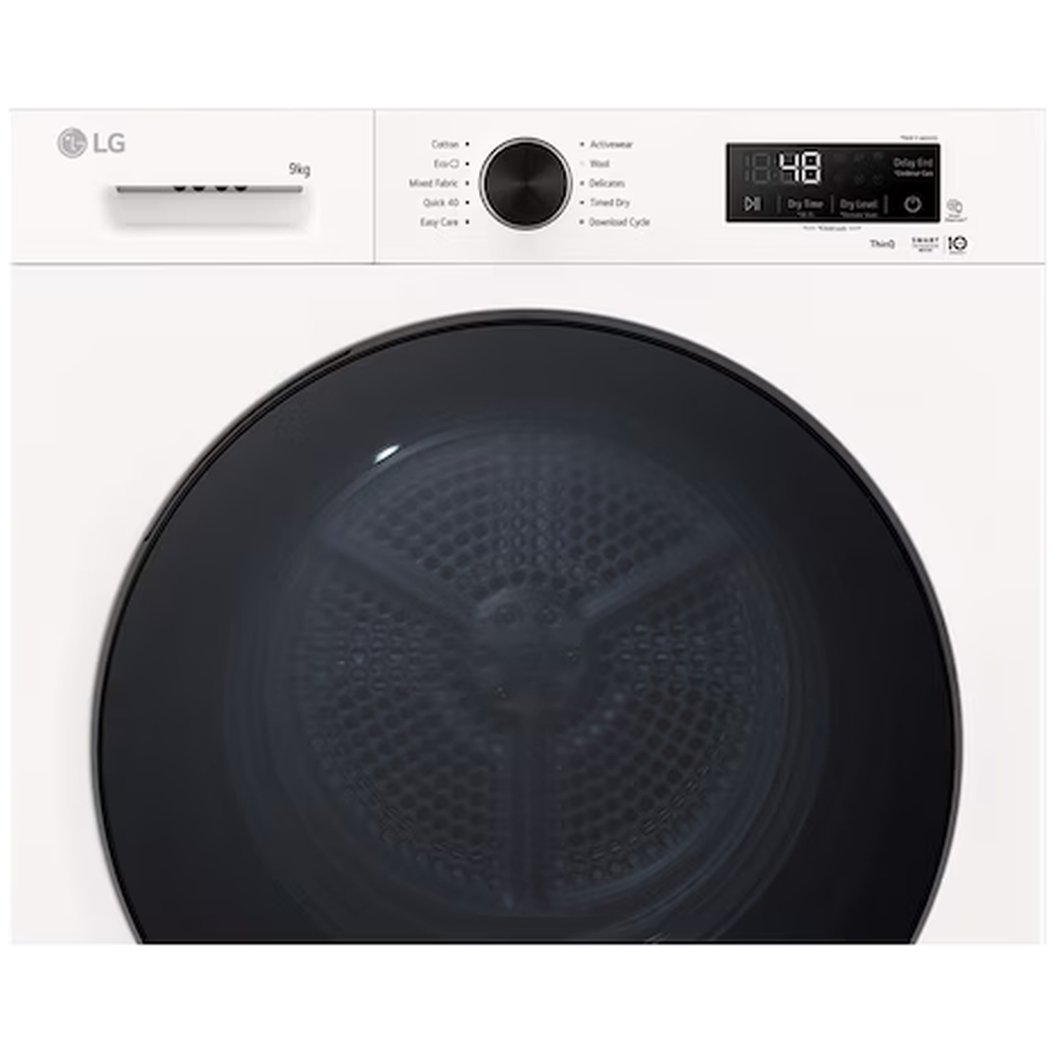 White LG washing machine with black door and digital display. 9kg capacity.