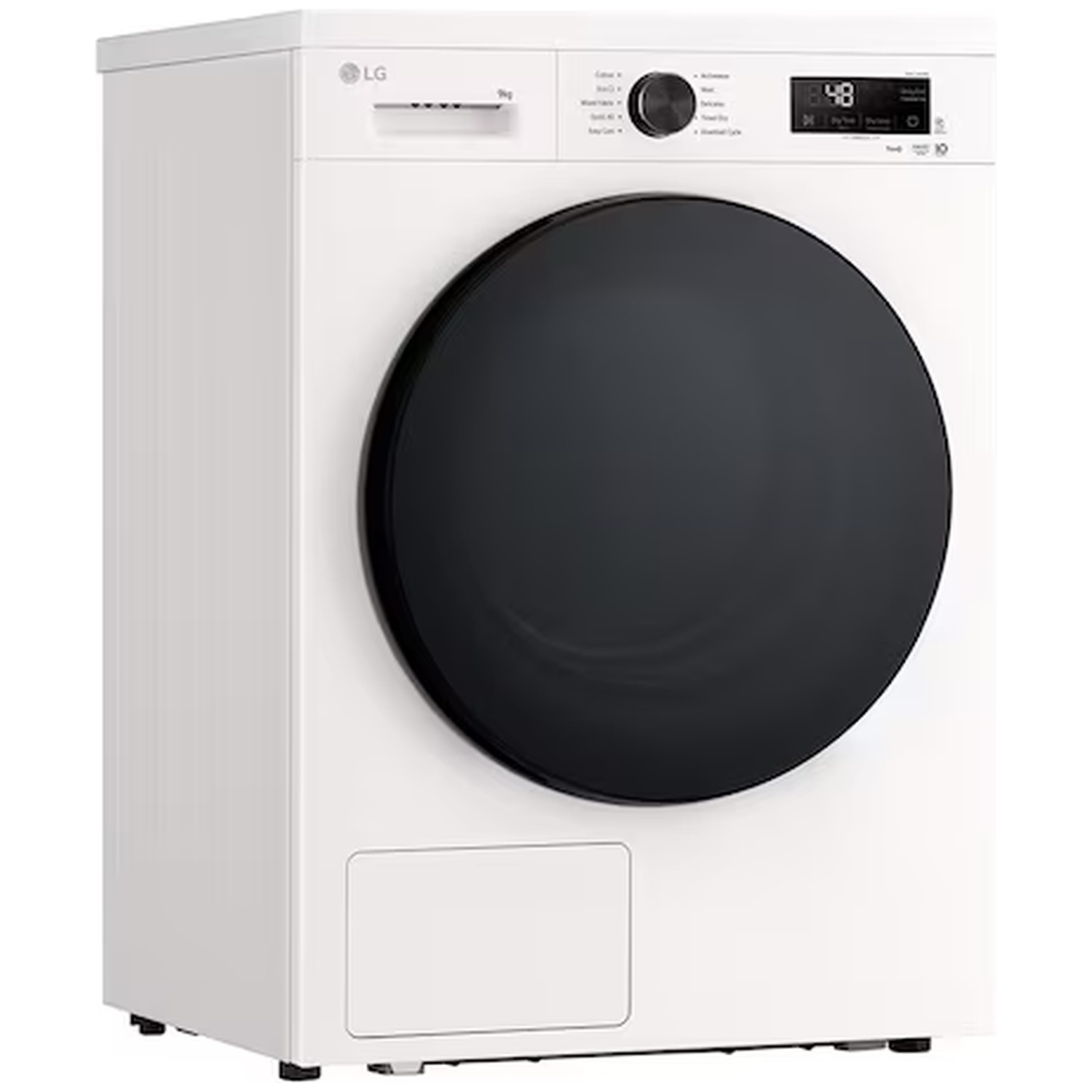 White LG dryer with a black round door and a digital display.