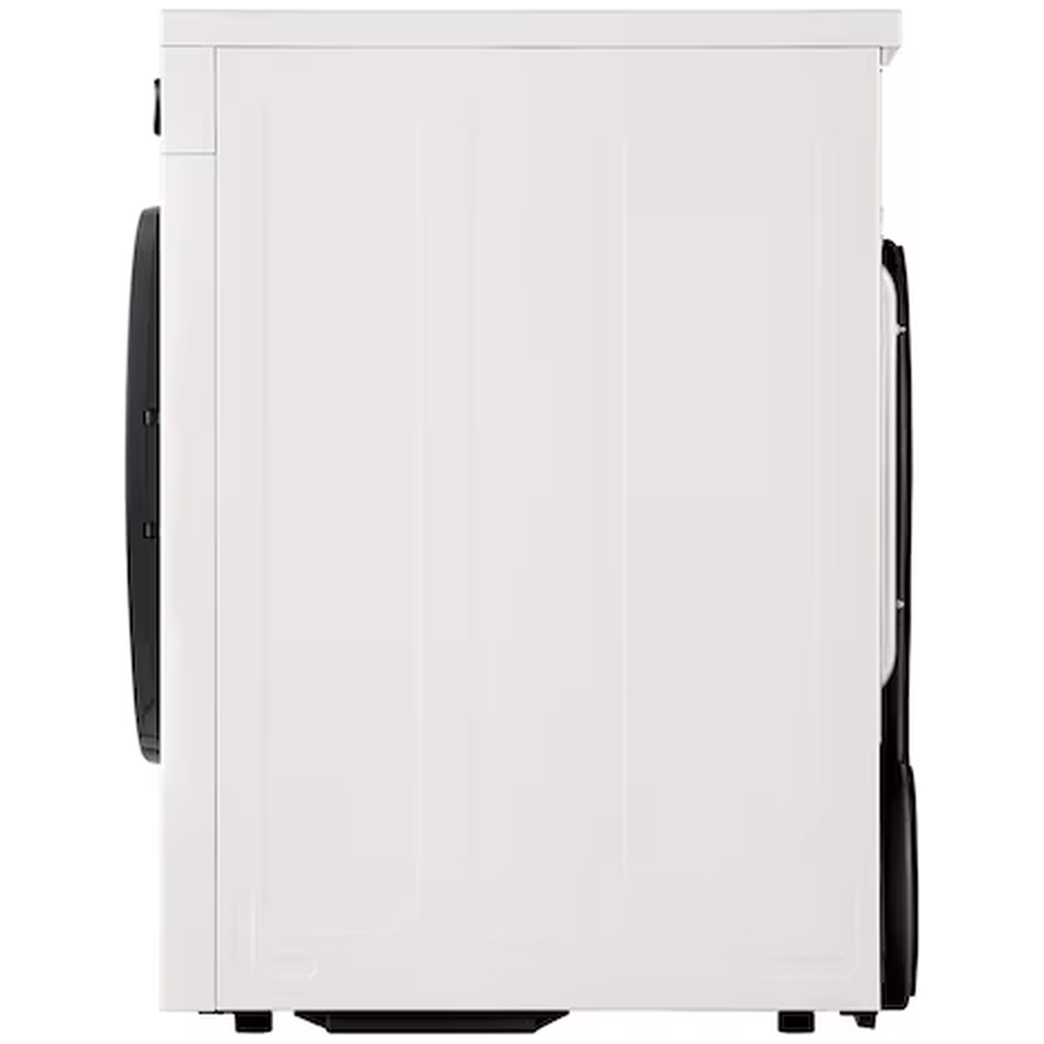 White washing machine seen from the side, with black door and controls visible.