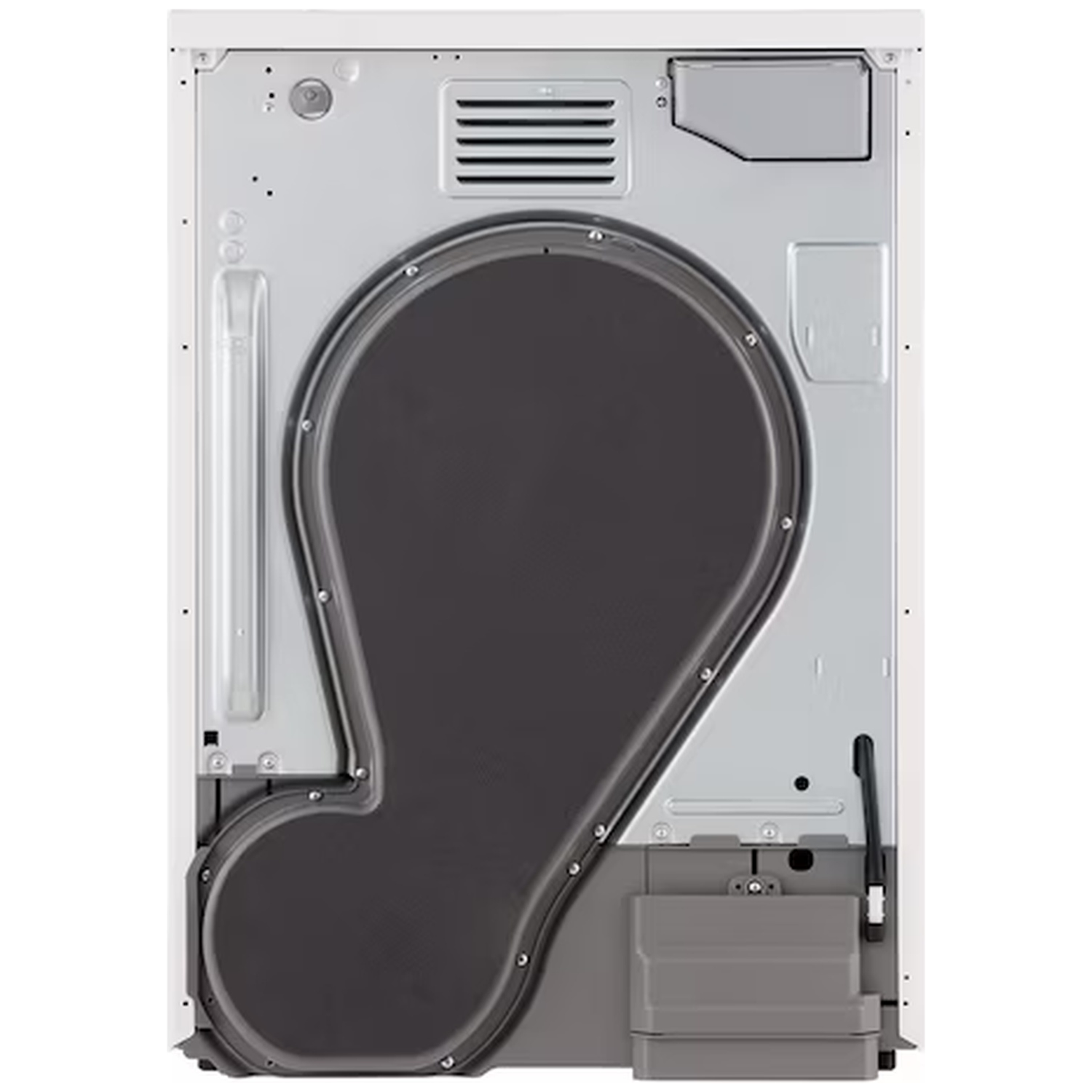 Back of a white dryer with vents and a large dark fan housing.